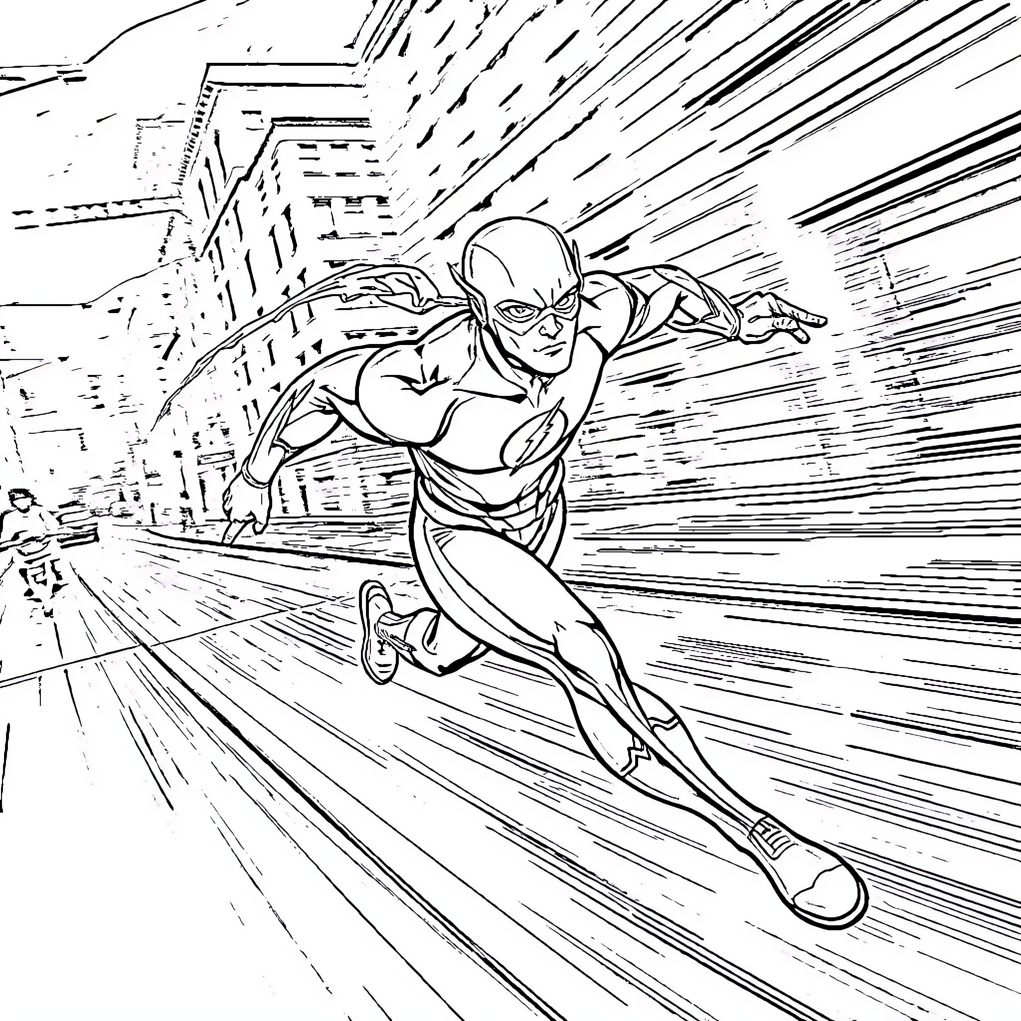Flash speeding through the city streets Coloring Page (free black-and-white line drawing printable PDF for all, from beginners to advanced learners, including children, teens, adults, and seniors)