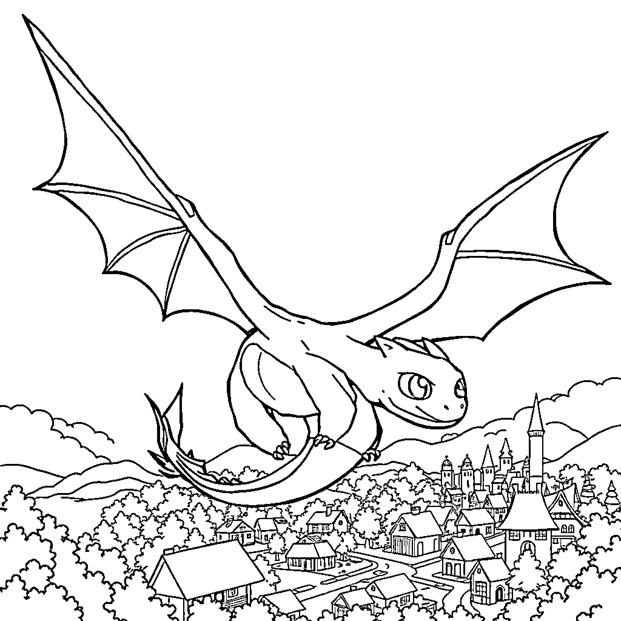 Toothless dragon soaring over a fantasy town Coloring Page (free black-and-white line drawing printable PDF for all, from beginners to advanced learners, including children, teens, adults, and seniors)