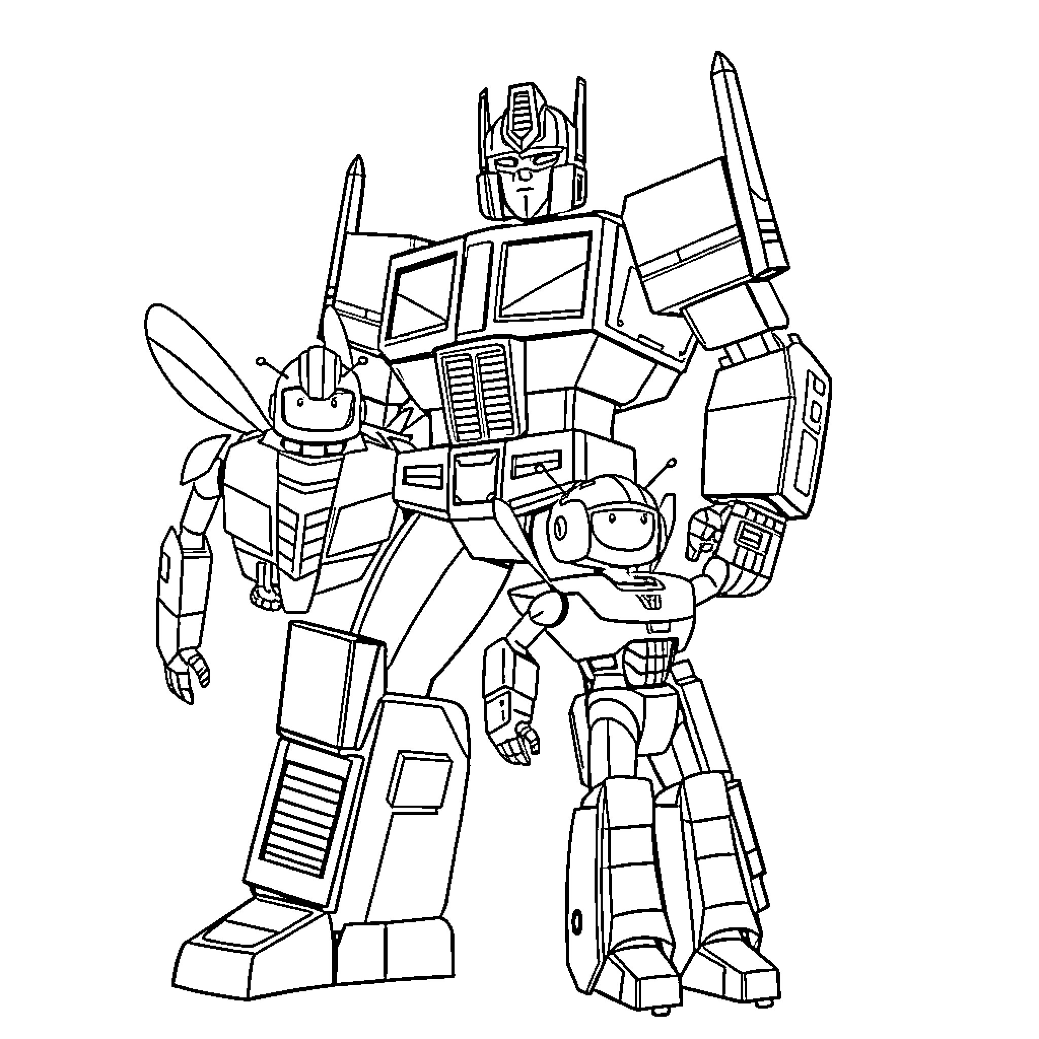 Optimus Prime preparing for battle with allies Coloring Page (free black-and-white line drawing printable PDF for all, from beginners to advanced learners, including children, teens, adults, and seniors)