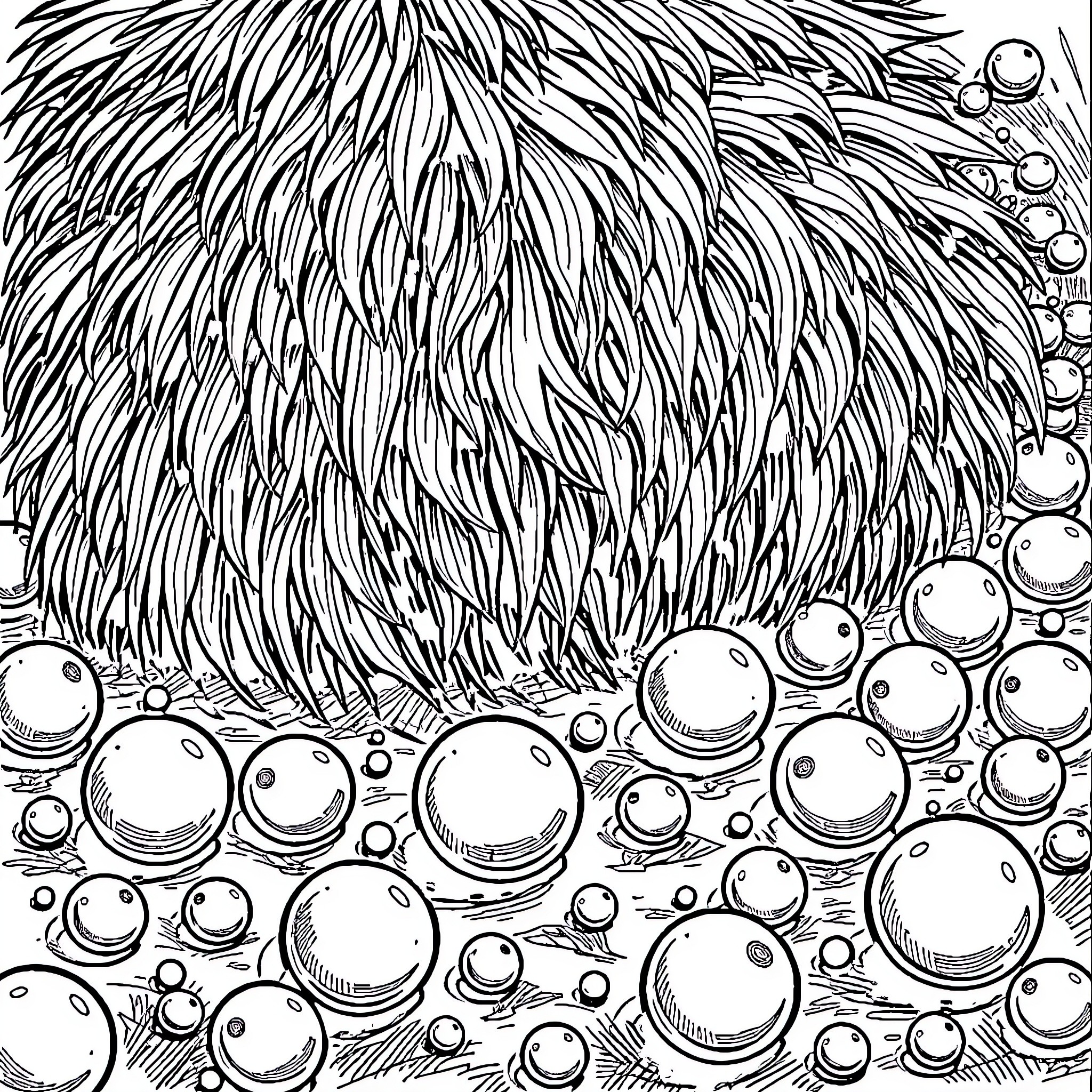 Hairy Ball Floating in Bubbles Coloring Page (free black-and-white line drawing printable PDF for all, from beginners to advanced learners, including children, teens, adults, and seniors)