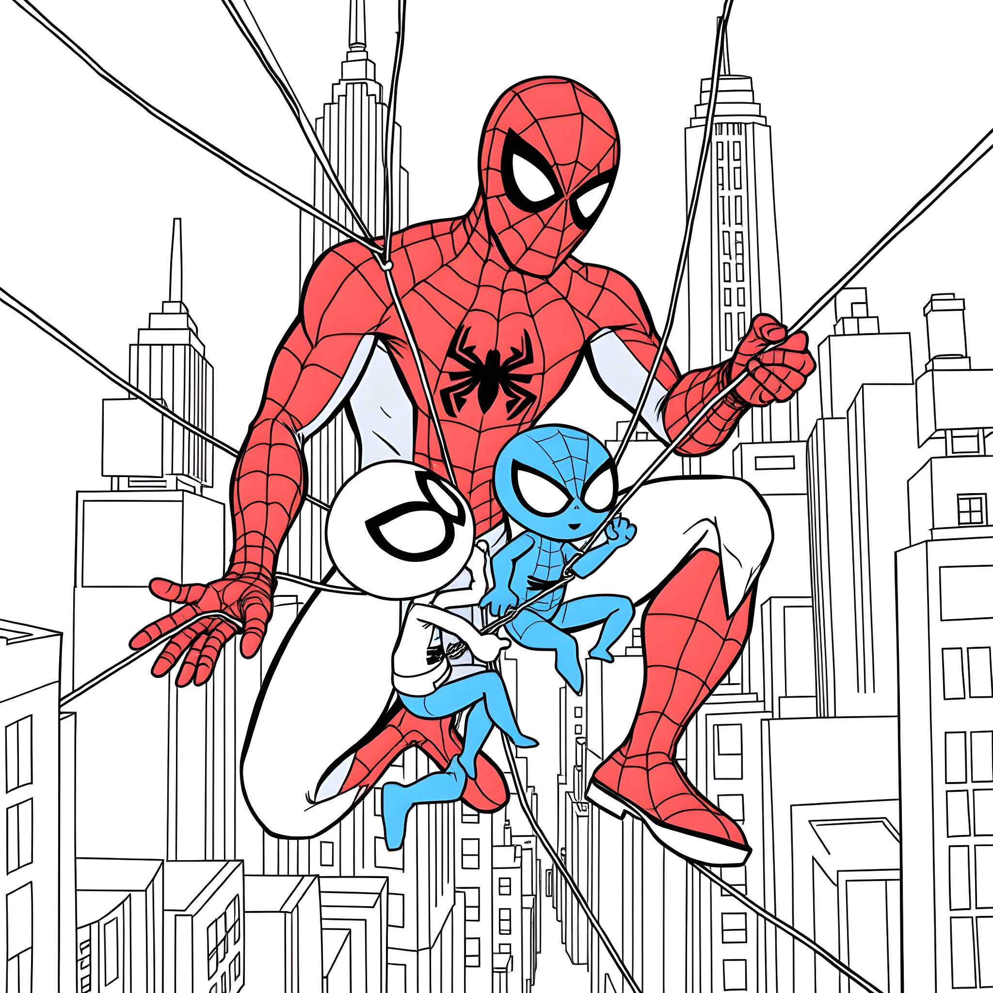 Blippi and Spider-Man Swinging Through the City Coloring Page (free black-and-white line drawing printable PDF for all, from beginners to advanced learners, including children, teens, adults, and seniors)