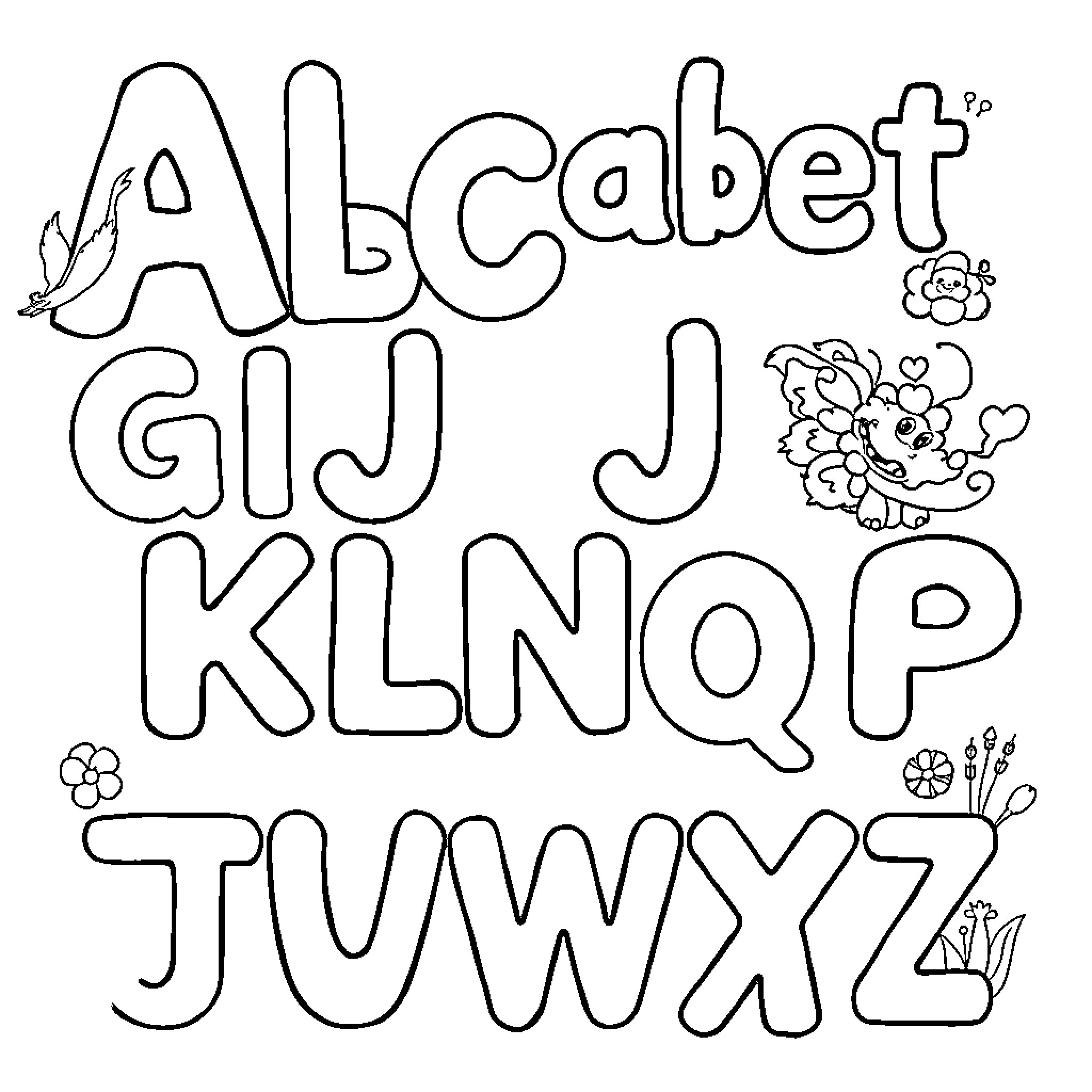 Alphabet letters with floral and playful elements Coloring Page (free black-and-white line drawing printable PDF for all, from beginners to advanced learners, including children, teens, adults, and seniors)