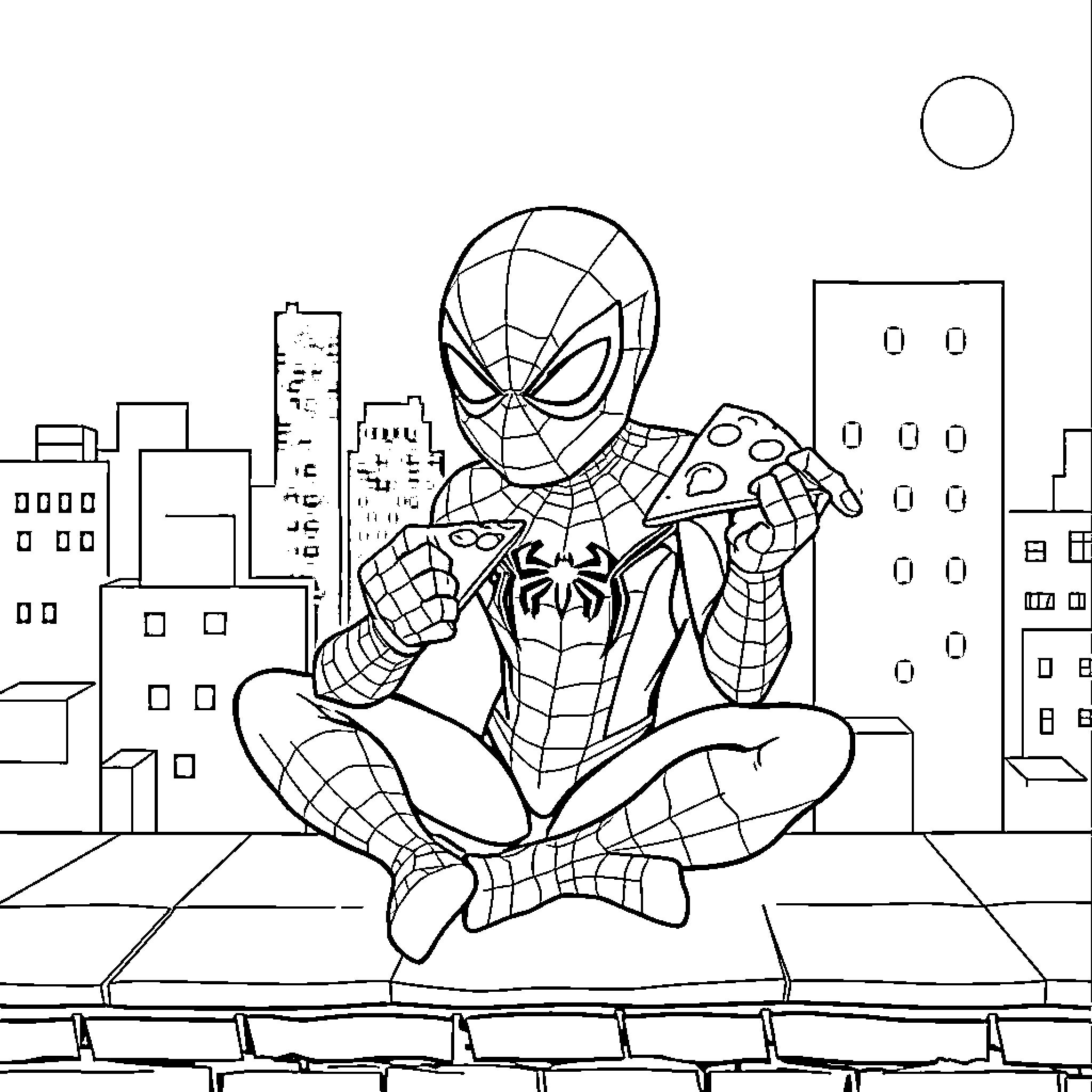 Spiderman swinging through the city skyline Coloring Page (free black-and-white line drawing printable PDF for all, from beginners to advanced learners, including children, teens, adults, and seniors)