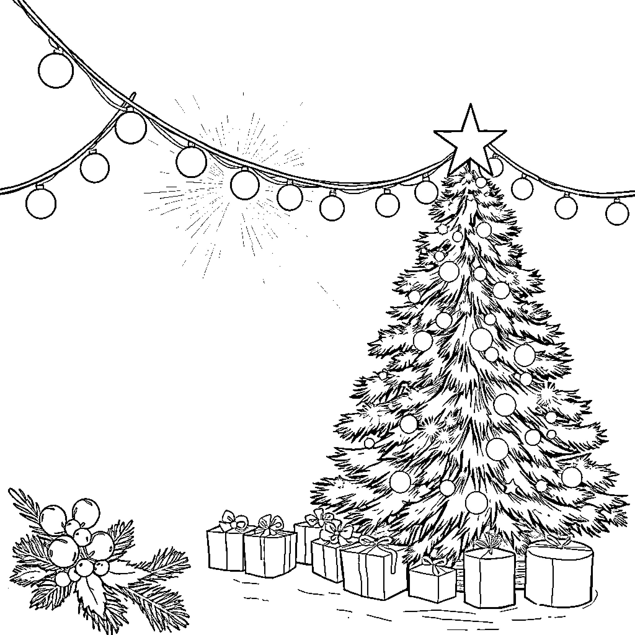 Christmas tree decorated with lights and presents Coloring Page (free black-and-white line drawing printable PDF for all, from beginners to advanced learners, including children, teens, adults, and seniors)