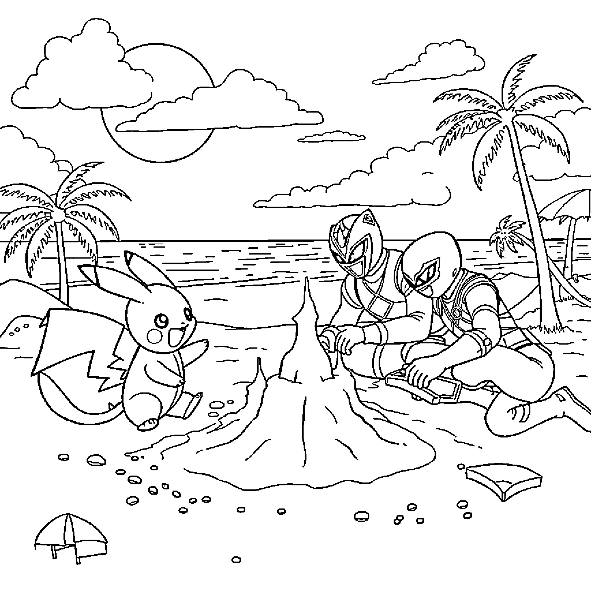 Pokémon enjoying a sunny beach day Coloring Page (free black-and-white line drawing printable PDF for all, from beginners to advanced learners, including children, teens, adults, and seniors)