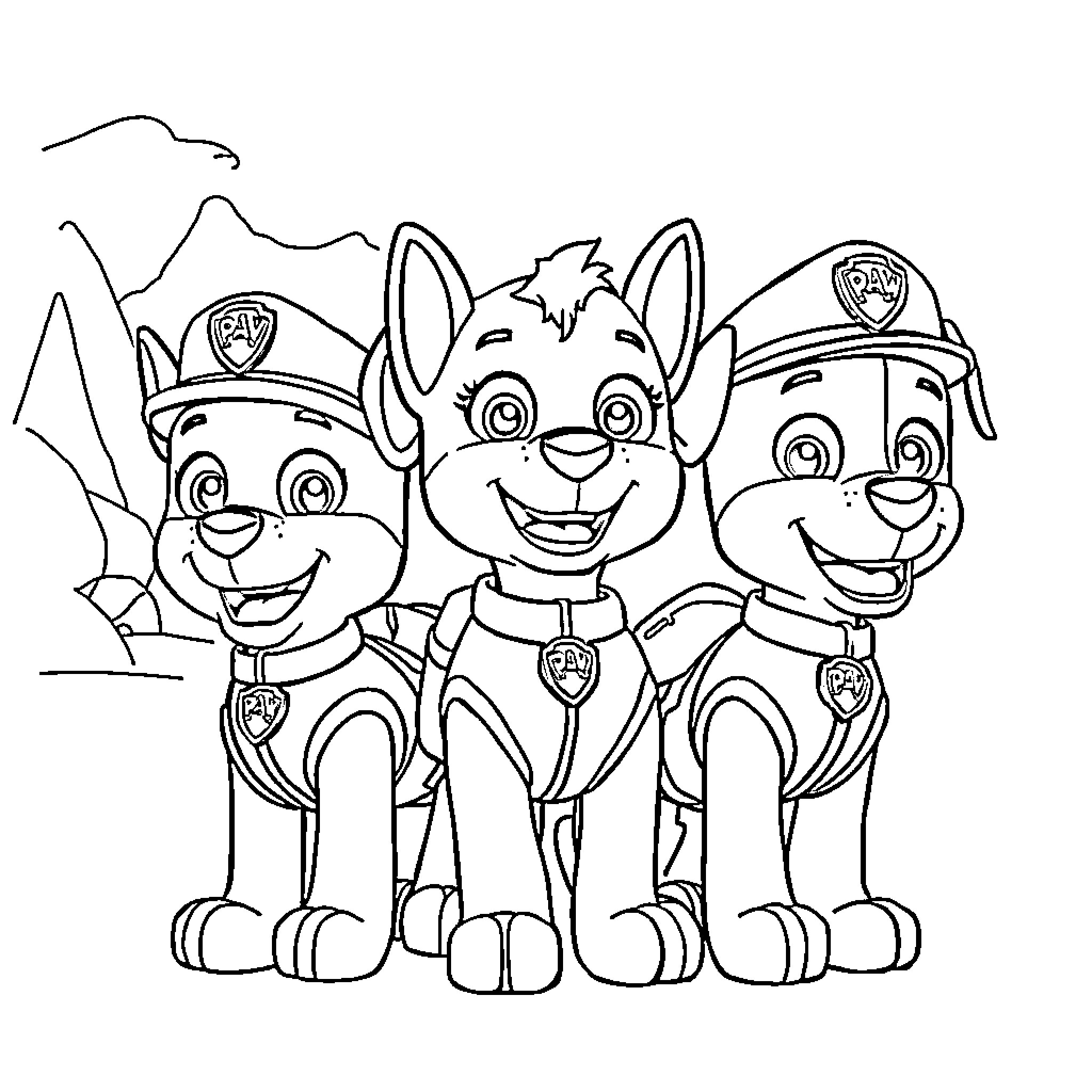 Paw Patrol team in uniform and ready for action Coloring Page (free black-and-white line drawing printable PDF for all, from beginners to advanced learners, including children, teens, adults, and seniors)