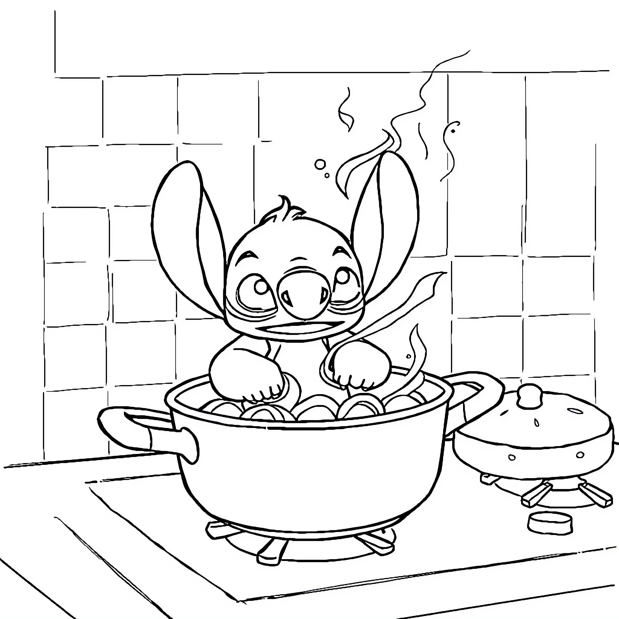 Stitch enjoying a warm bubble bath Coloring Page (free black-and-white line drawing printable PDF for all, from beginners to advanced learners, including children, teens, adults, and seniors)