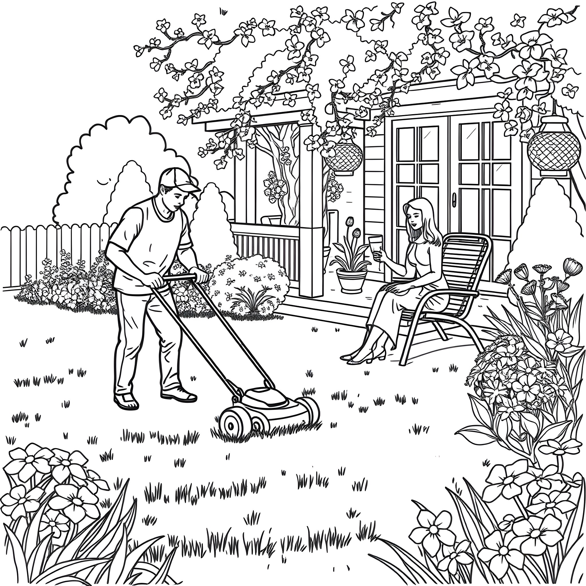 Dad mowing the lawn while mom enjoys the garden Coloring Page (free black-and-white line drawing printable PDF for all, from beginners to advanced learners, including children, teens, adults, and seniors)