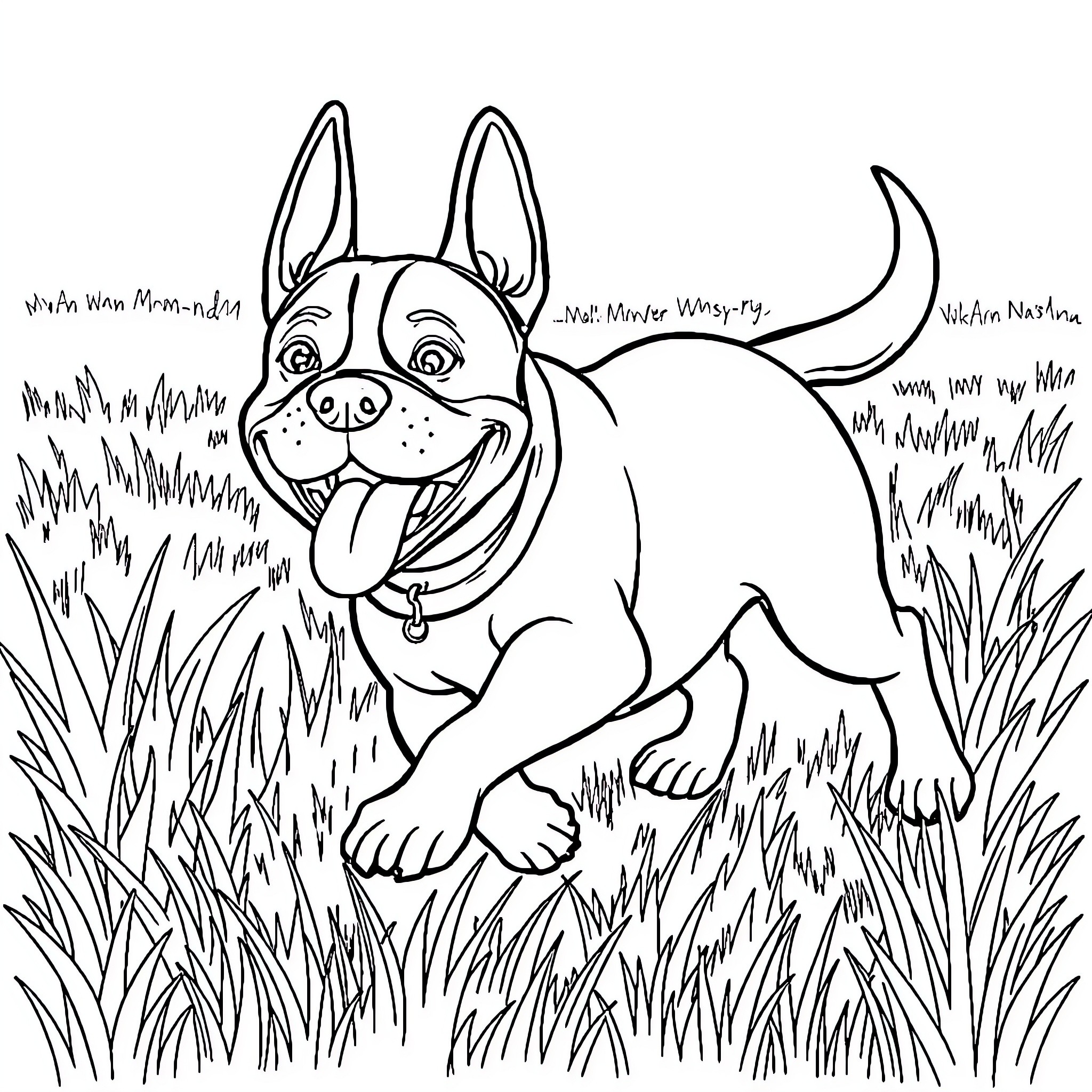 Staffy playing playfully in the grass Coloring Page (free black-and-white line drawing printable PDF for all, from beginners to advanced learners, including children, teens, adults, and seniors)