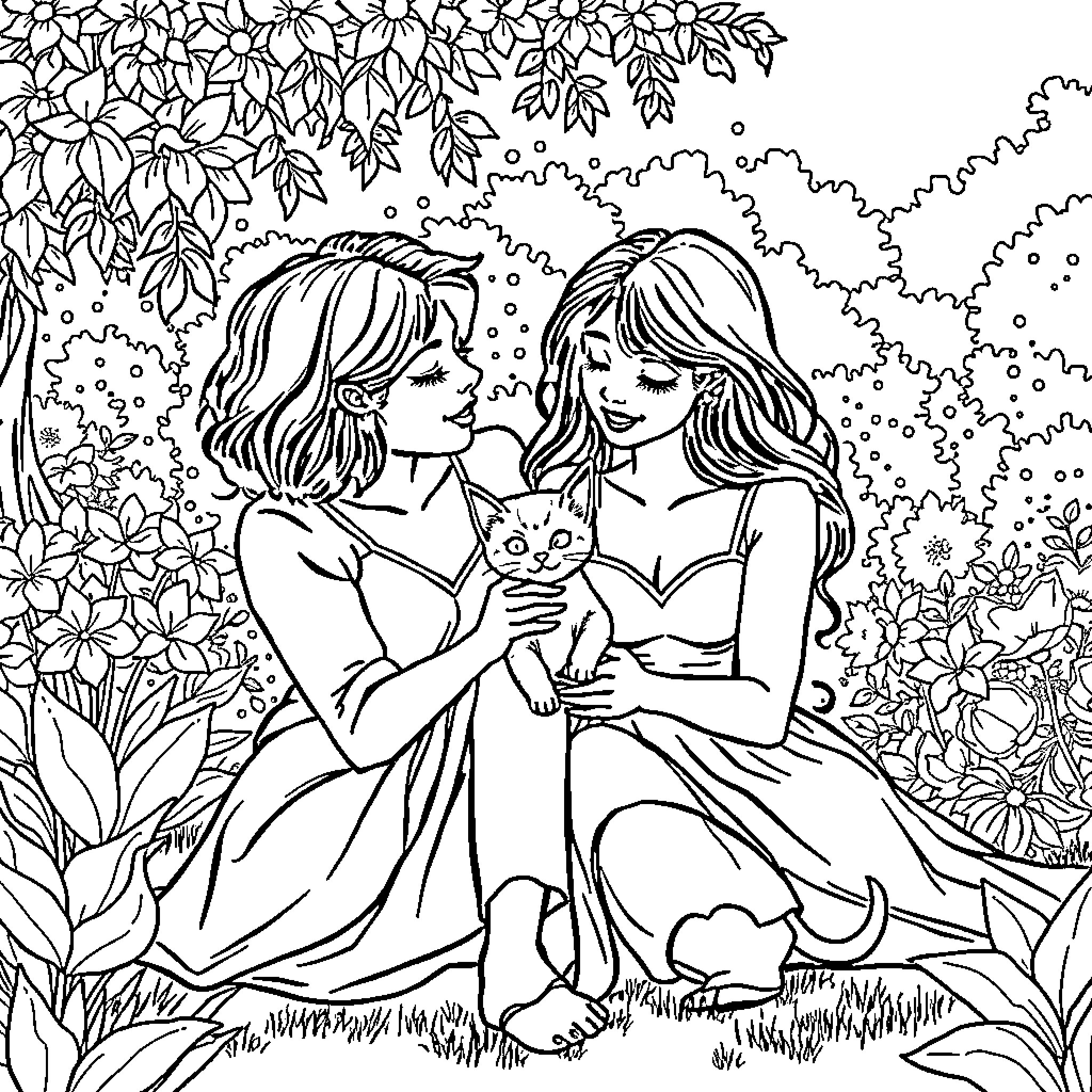 Copine - Two Women Embracing with a Cat in a Garden Coloring Page (free black-and-white line drawing printable PDF for all, from beginners to advanced learners, including children, teens, adults, and seniors)