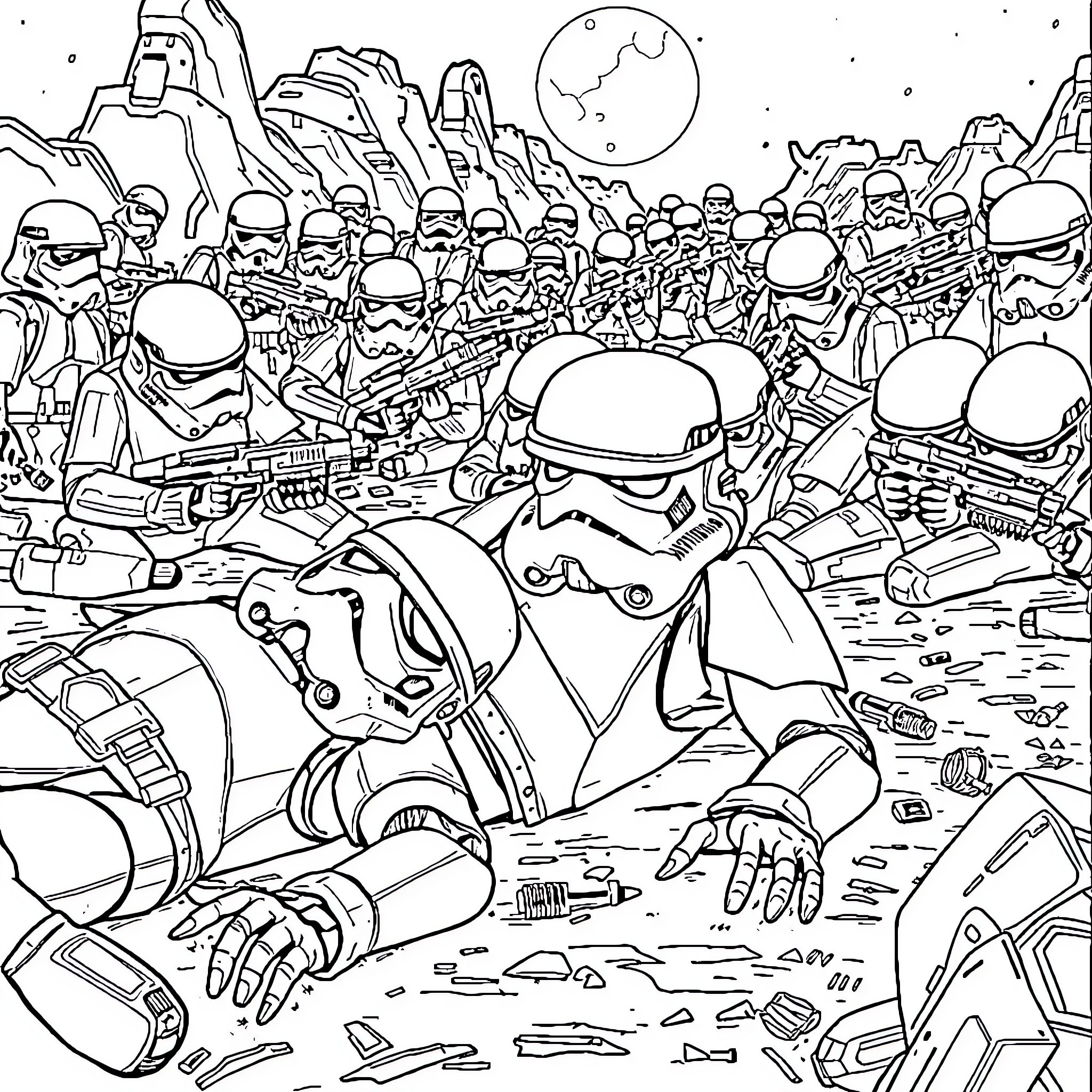 Stormtroopers in intense battle on hostile alien world Coloring Page (free black-and-white line drawing printable PDF for all, from beginners to advanced learners, including children, teens, adults, and seniors)