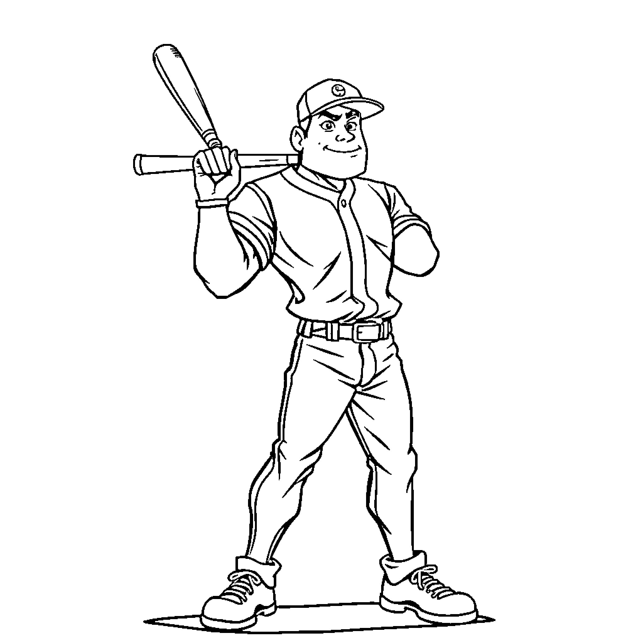 Baseball Player Holding Bat with Confident Expression Coloring Page (free black-and-white line drawing printable PDF for all, from beginners to advanced learners, including children, teens, adults, and seniors)
