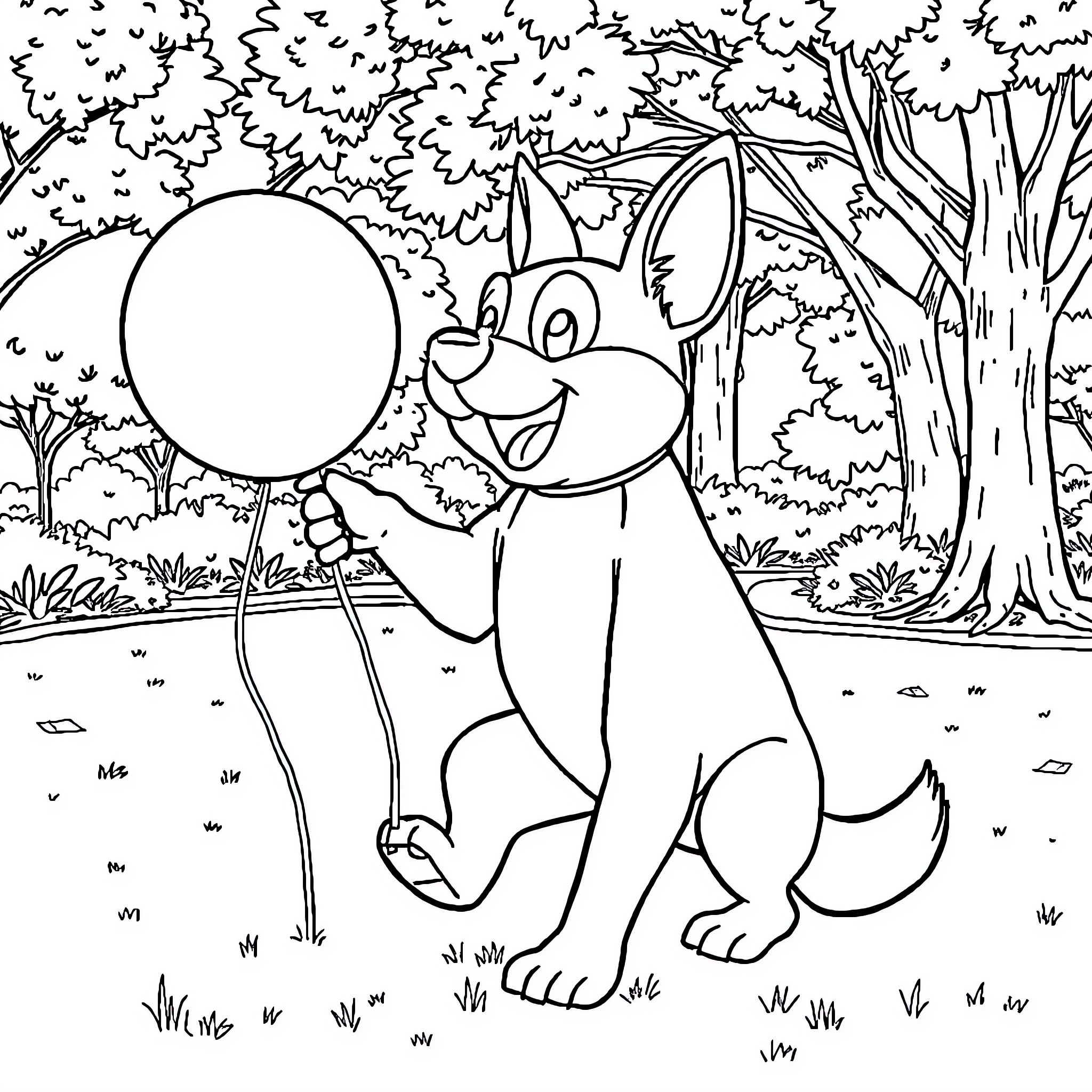 Rocky playing happily with a balloon in the forest Coloring Page (free black-and-white line drawing printable PDF for all, from beginners to advanced learners, including children, teens, adults, and seniors)