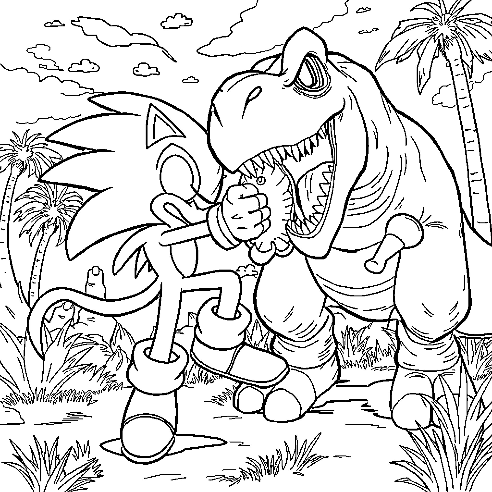 Sonic battling a large dinosaur-like creature in a tropical setting Coloring Page (free black-and-white line drawing printable PDF for all, from beginners to advanced learners, including children, teens, adults, and seniors)