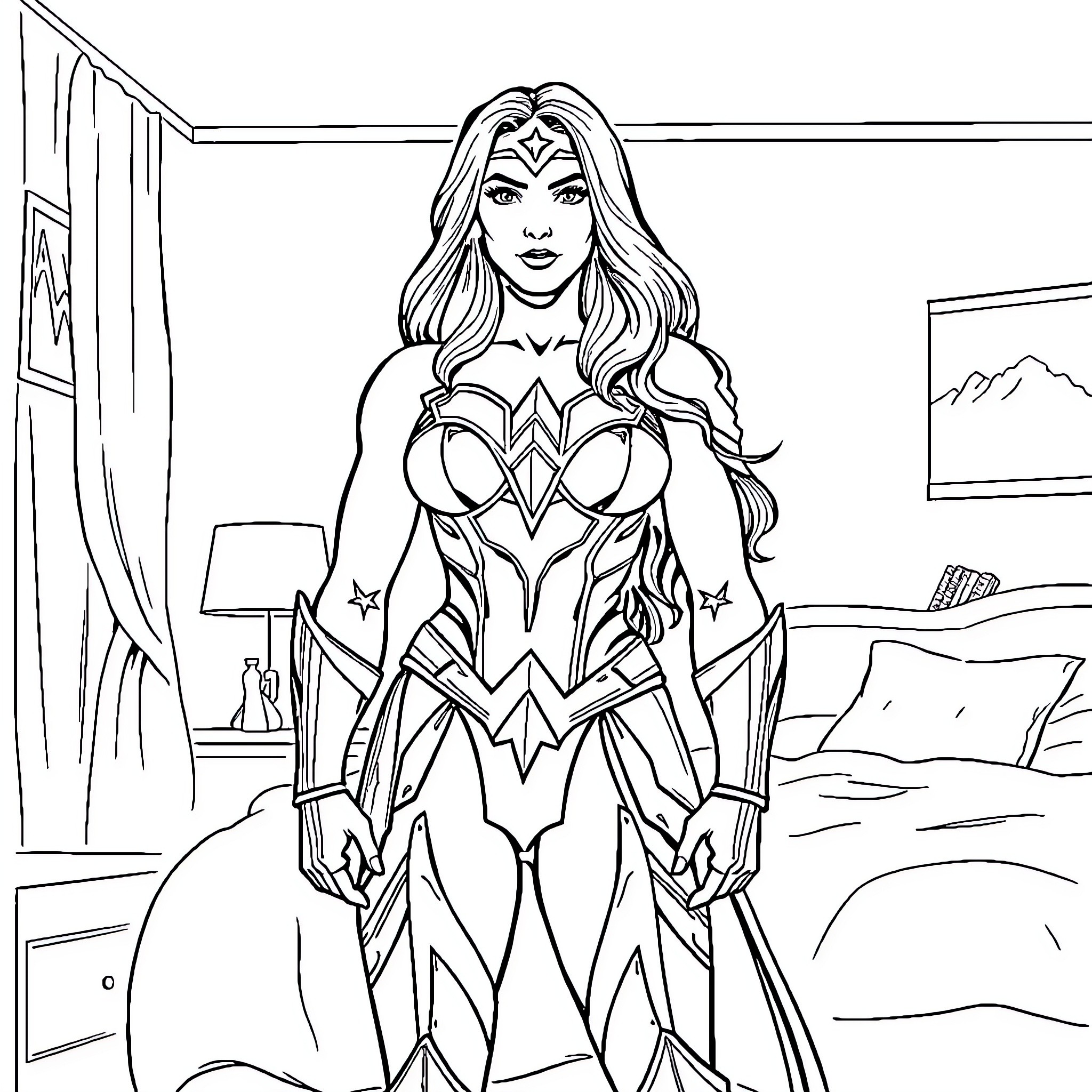 Wonder Woman in heroic pose in bedroom setting Coloring Page (free black-and-white line drawing printable PDF for all, from beginners to advanced learners, including children, teens, adults, and seniors)