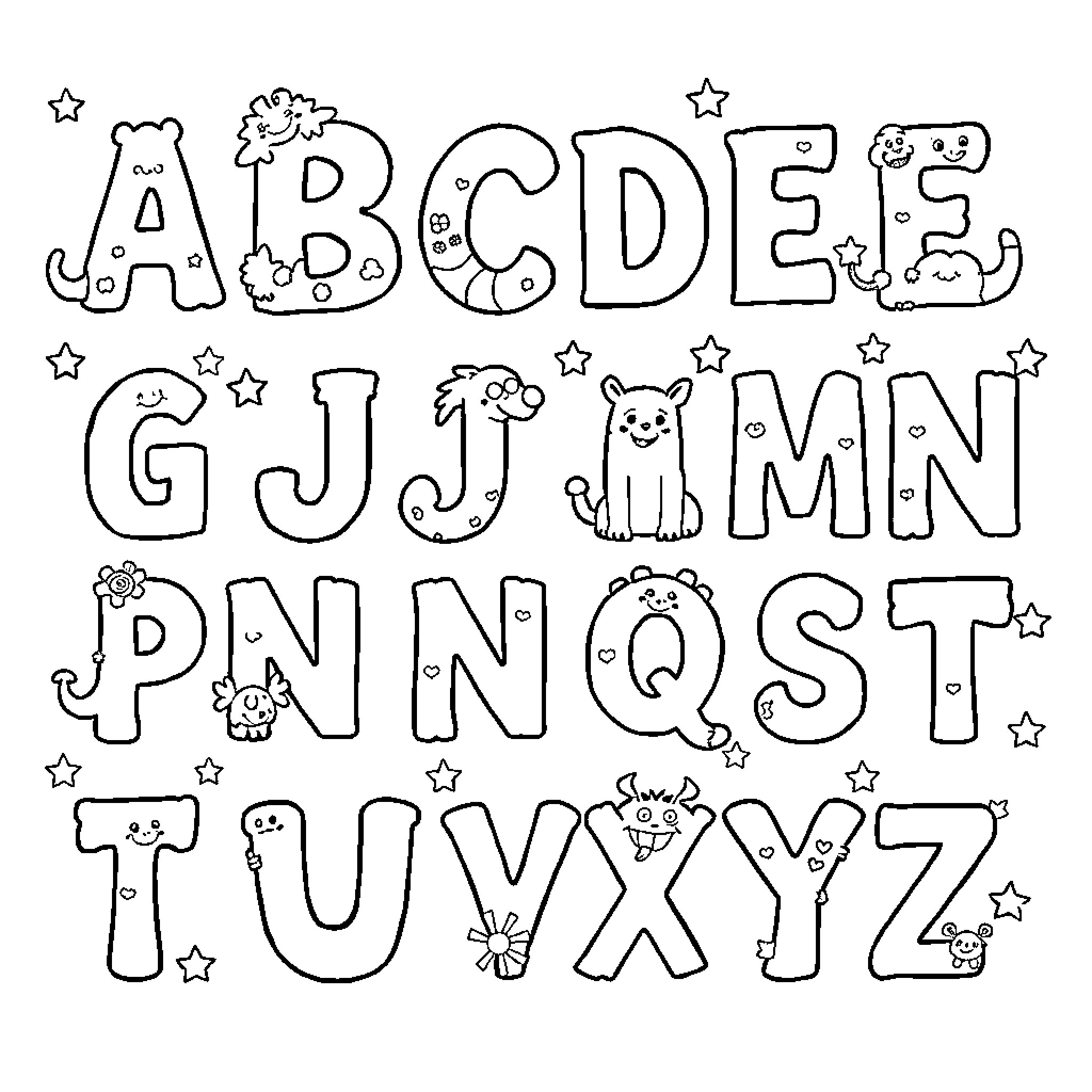 Alphabet with Playful Animal Illustrations Coloring Page (free black-and-white line drawing printable PDF for all, from beginners to advanced learners, including children, teens, adults, and seniors)
