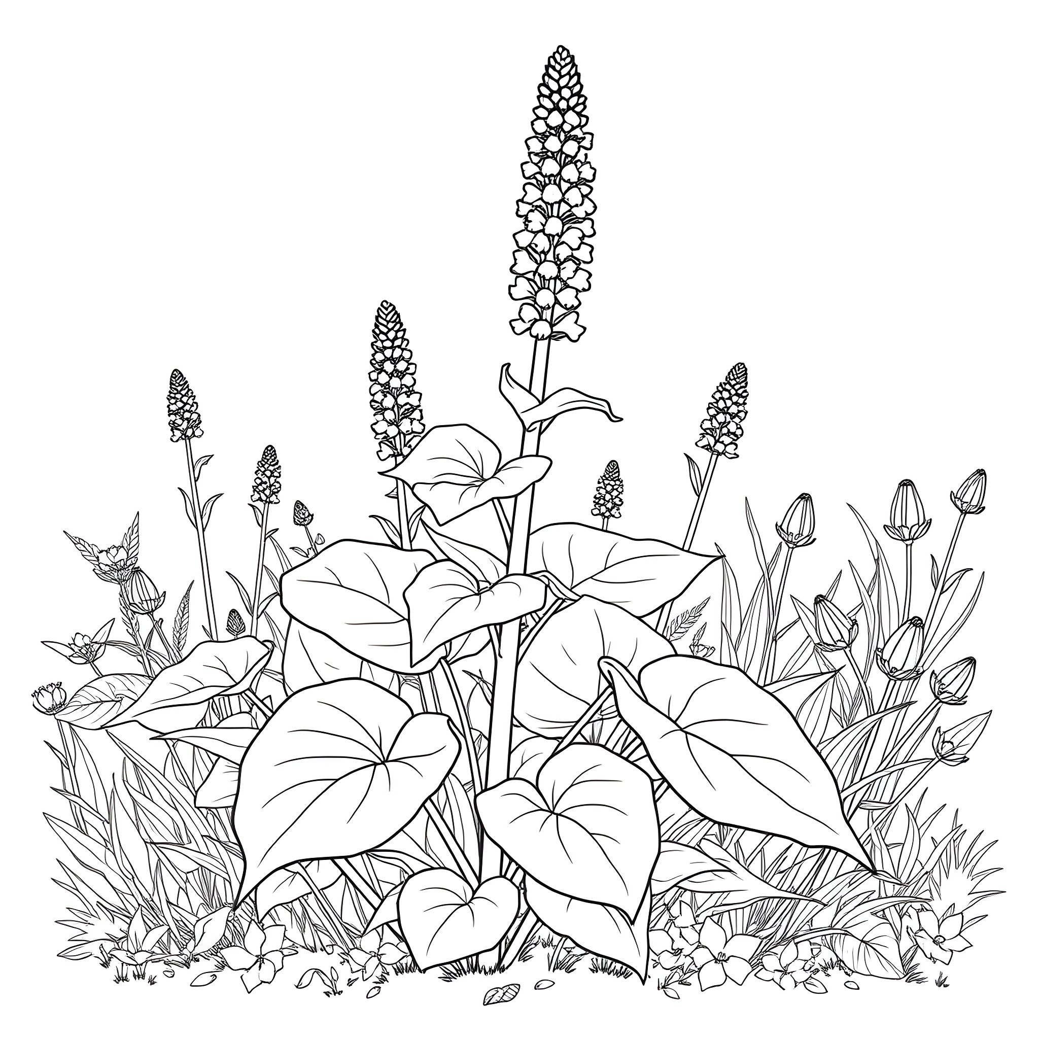 Plantain Blooming in a Lush Garden Coloring Page (free black-and-white line drawing printable PDF for all, from beginners to advanced learners, including children, teens, adults, and seniors)