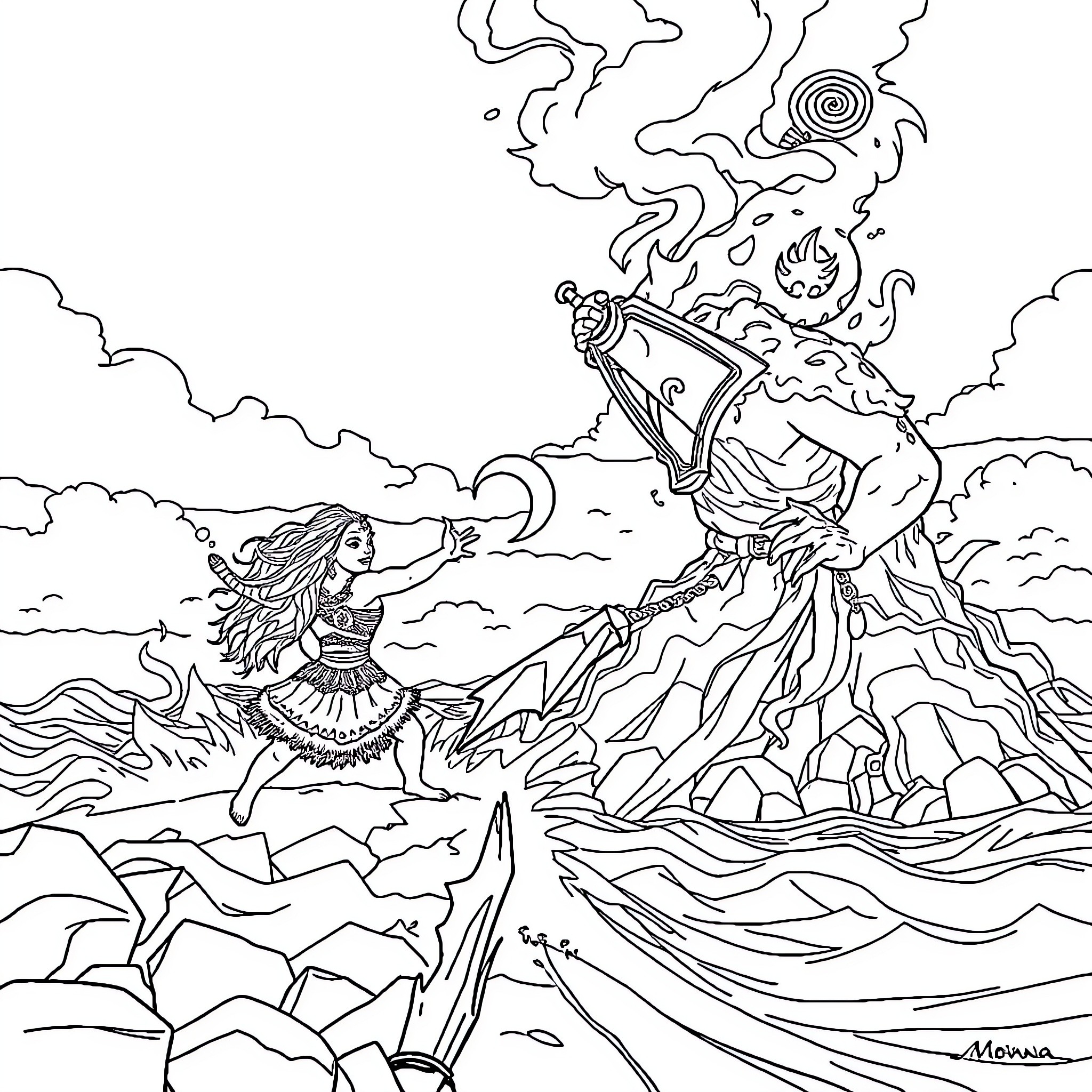 Moana battling a fierce ocean spirit Coloring Page (free black-and-white line drawing printable PDF for all, from beginners to advanced learners, including children, teens, adults, and seniors)