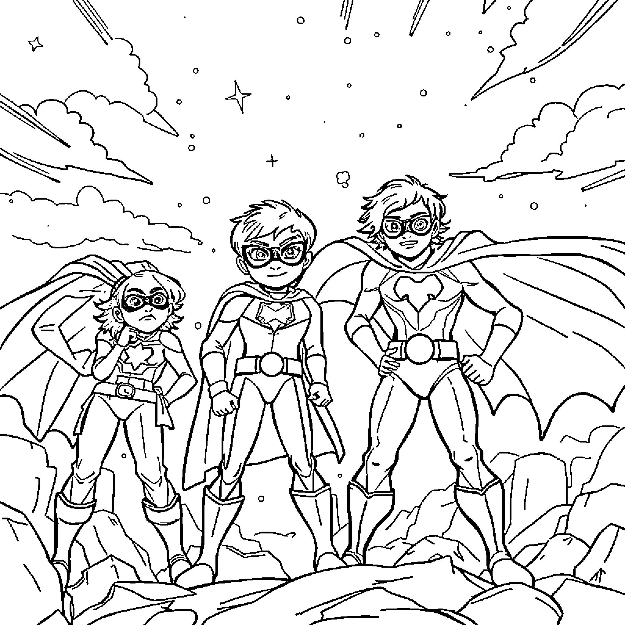 My Hero Academia: Heroic Trio in Action Coloring Page (free black-and-white line drawing printable PDF for all, from beginners to advanced learners, including children, teens, adults, and seniors)
