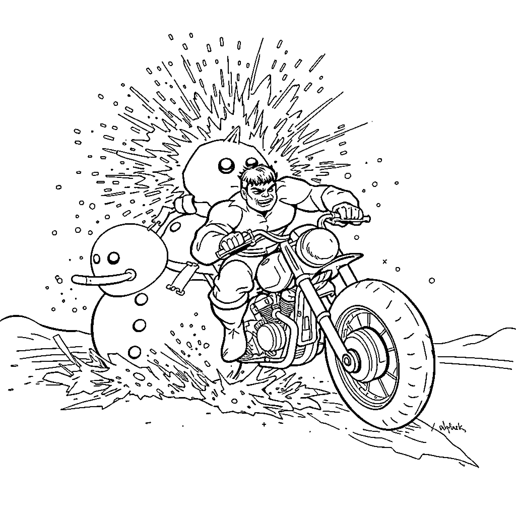 Hulk riding a motorcycle with a fiery explosion Coloring Page (free black-and-white line drawing printable PDF for all, from beginners to advanced learners, including children, teens, adults, and seniors)