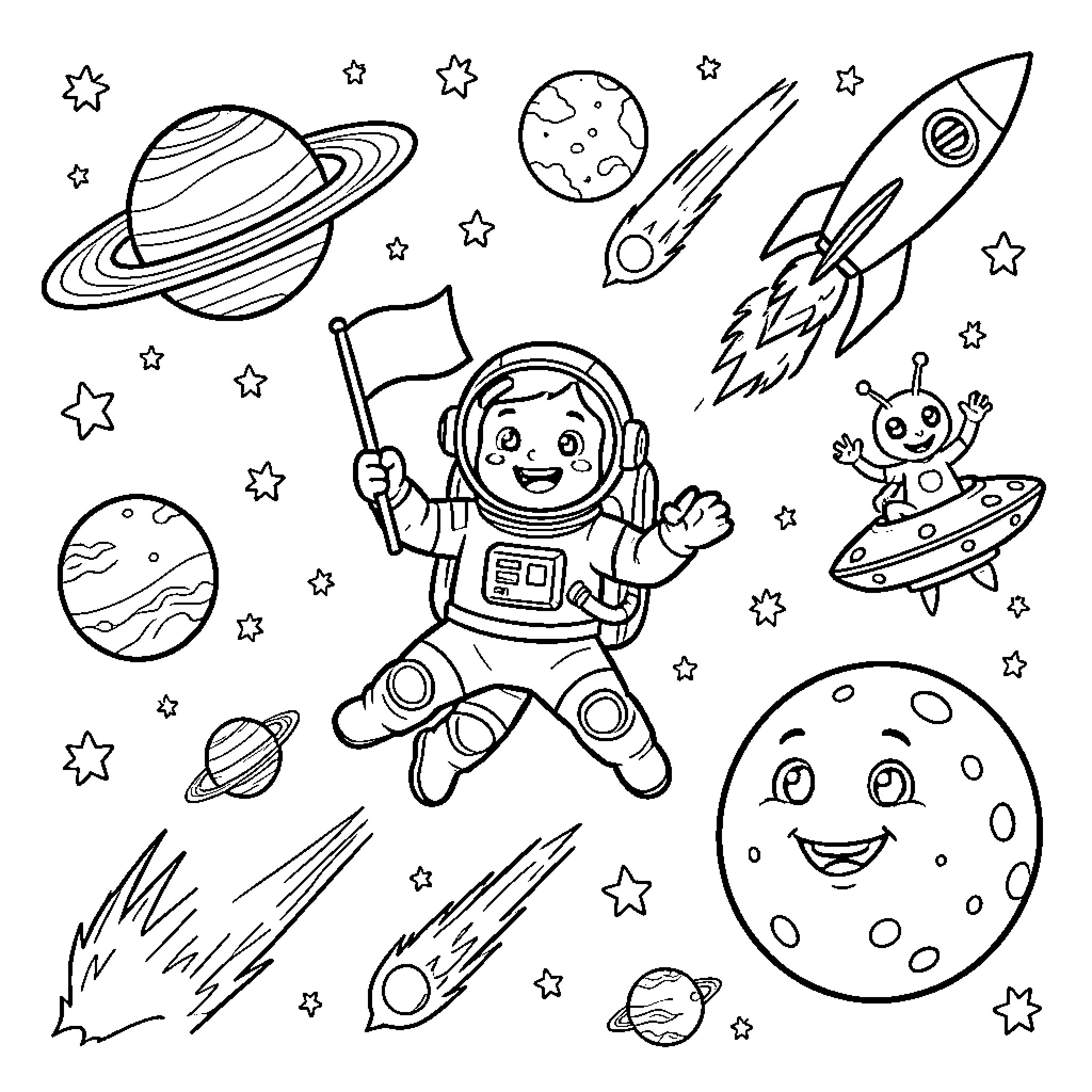Astronaut exploring outer space with planets and rockets Coloring Page (free black-and-white line drawing printable PDF for all, from beginners to advanced learners, including children, teens, adults, and seniors)