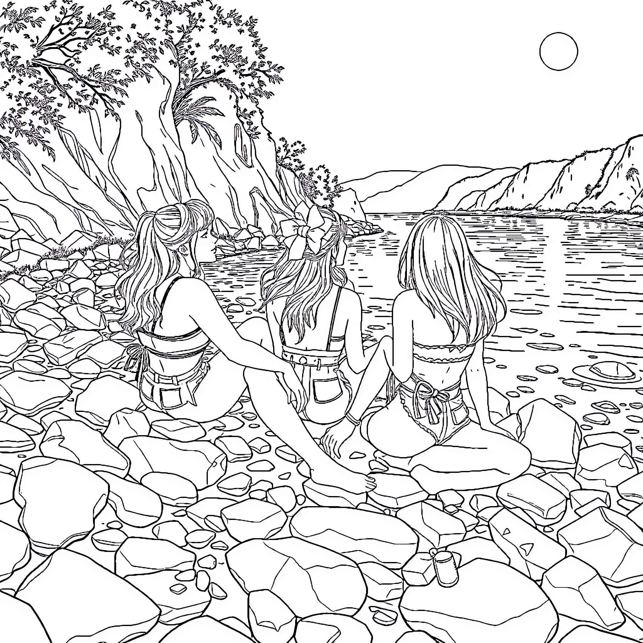 Woman relaxing by the tranquil lakeside Coloring Page (free black-and-white line drawing printable PDF for all, from beginners to advanced learners, including children, teens, adults, and seniors)