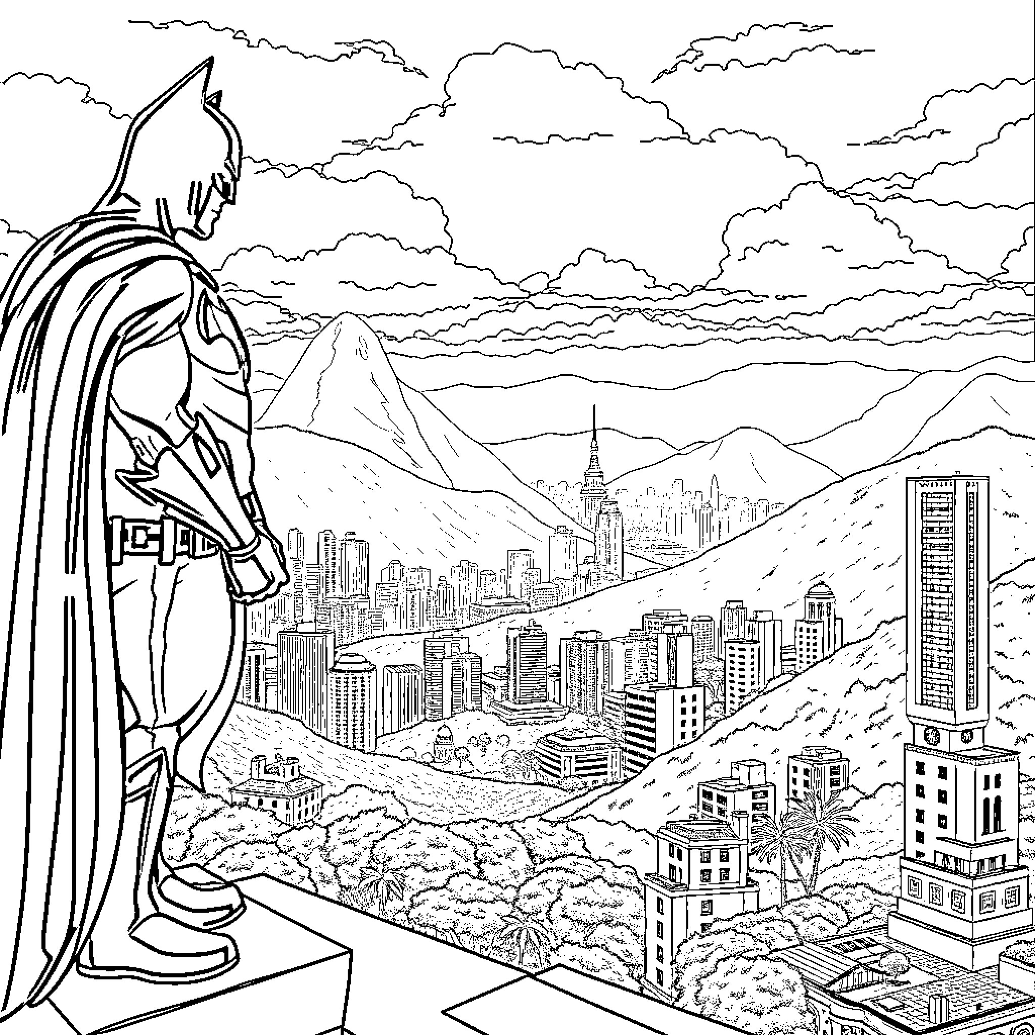 Batman overlooking the city skyline Coloring Page (free black-and-white line drawing printable PDF for all, from beginners to advanced learners, including children, teens, adults, and seniors)
