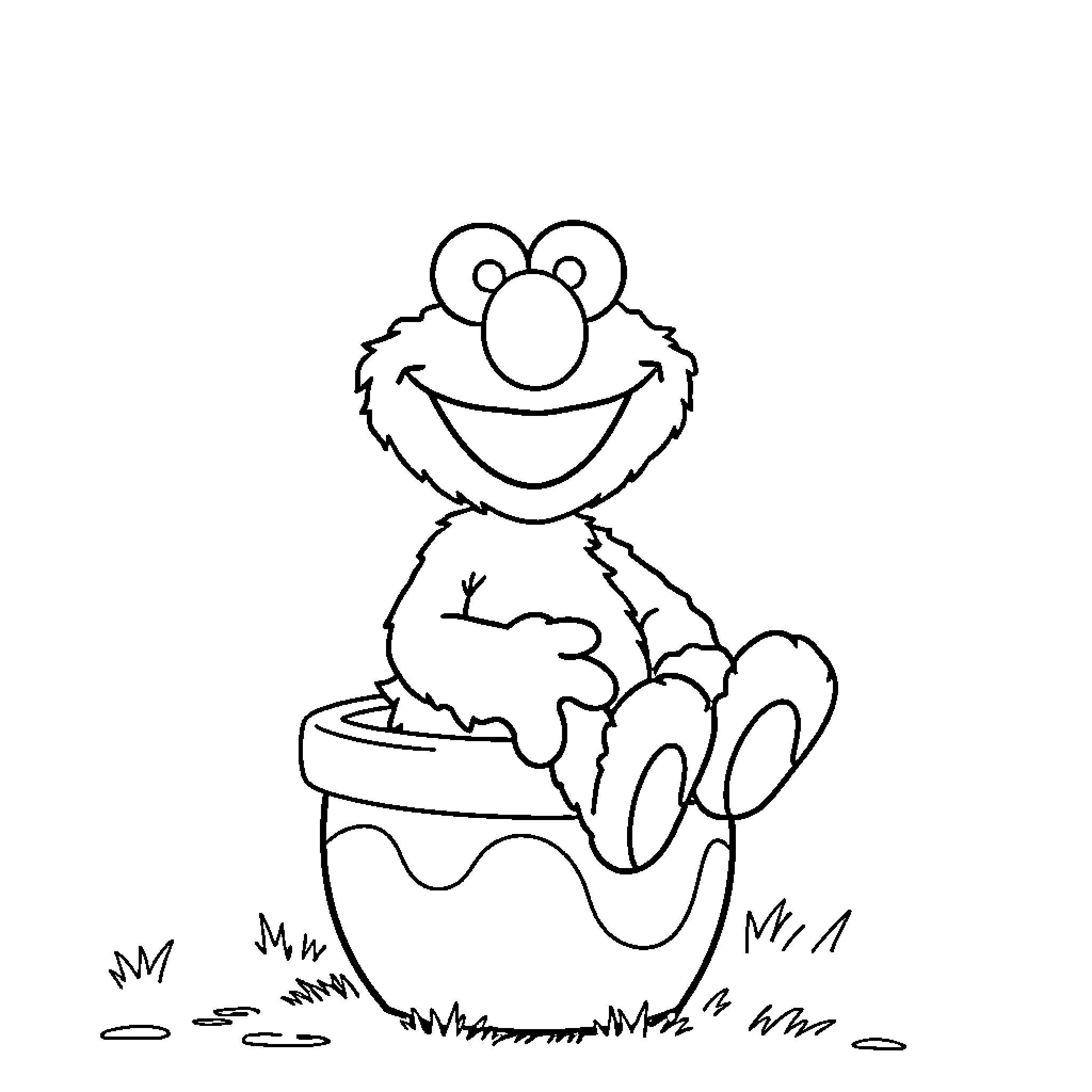 Elmo happily sitting in a pot Coloring Page (free black-and-white line drawing printable PDF for all, from beginners to advanced learners, including children, teens, adults, and seniors)