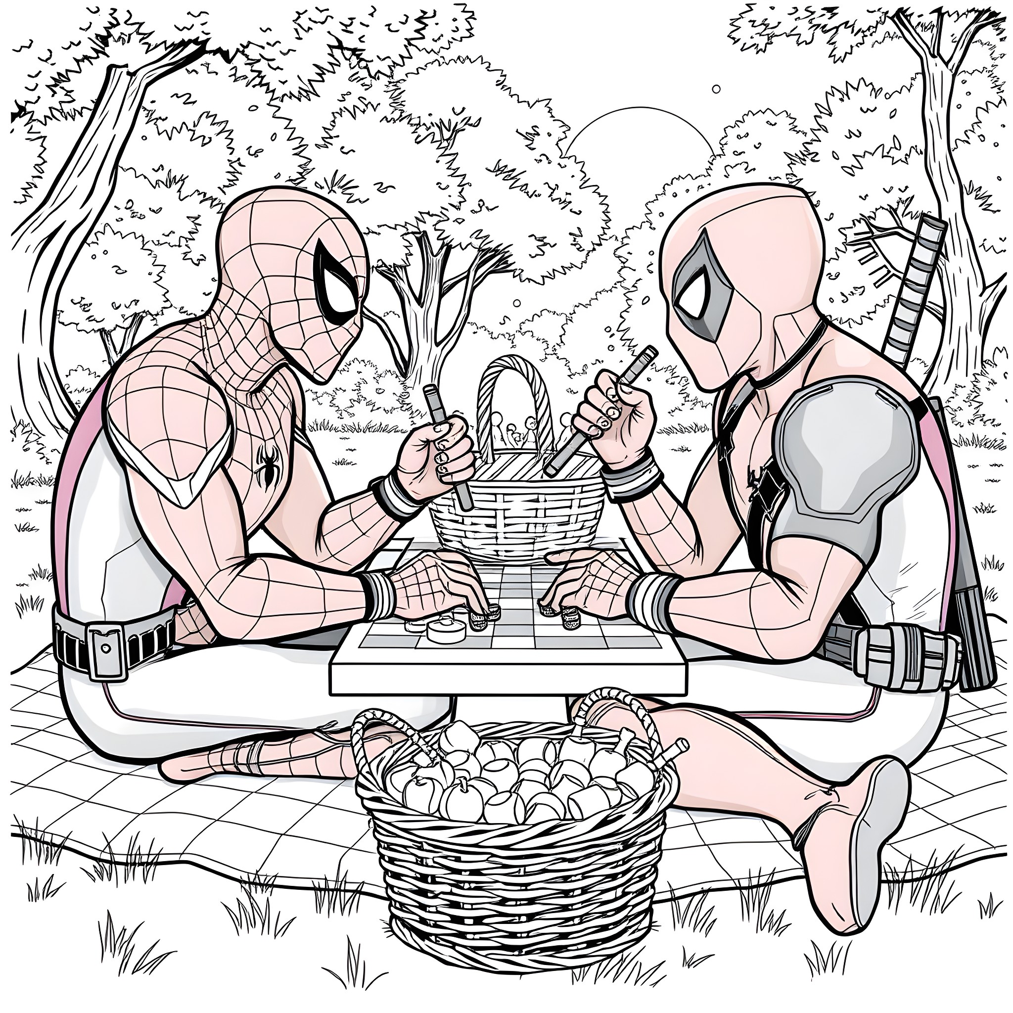 Spiderman and friends having a picnic in the park Coloring Page (free black-and-white line drawing printable PDF for all, from beginners to advanced learners, including children, teens, adults, and seniors)
