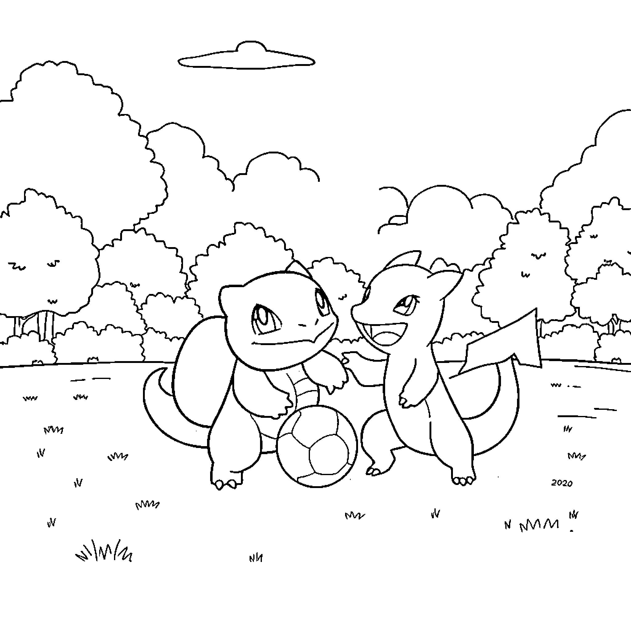 Bulbasaur playing with Charmander in the forest Coloring Page (free black-and-white line drawing printable PDF for all, from beginners to advanced learners, including children, teens, adults, and seniors)