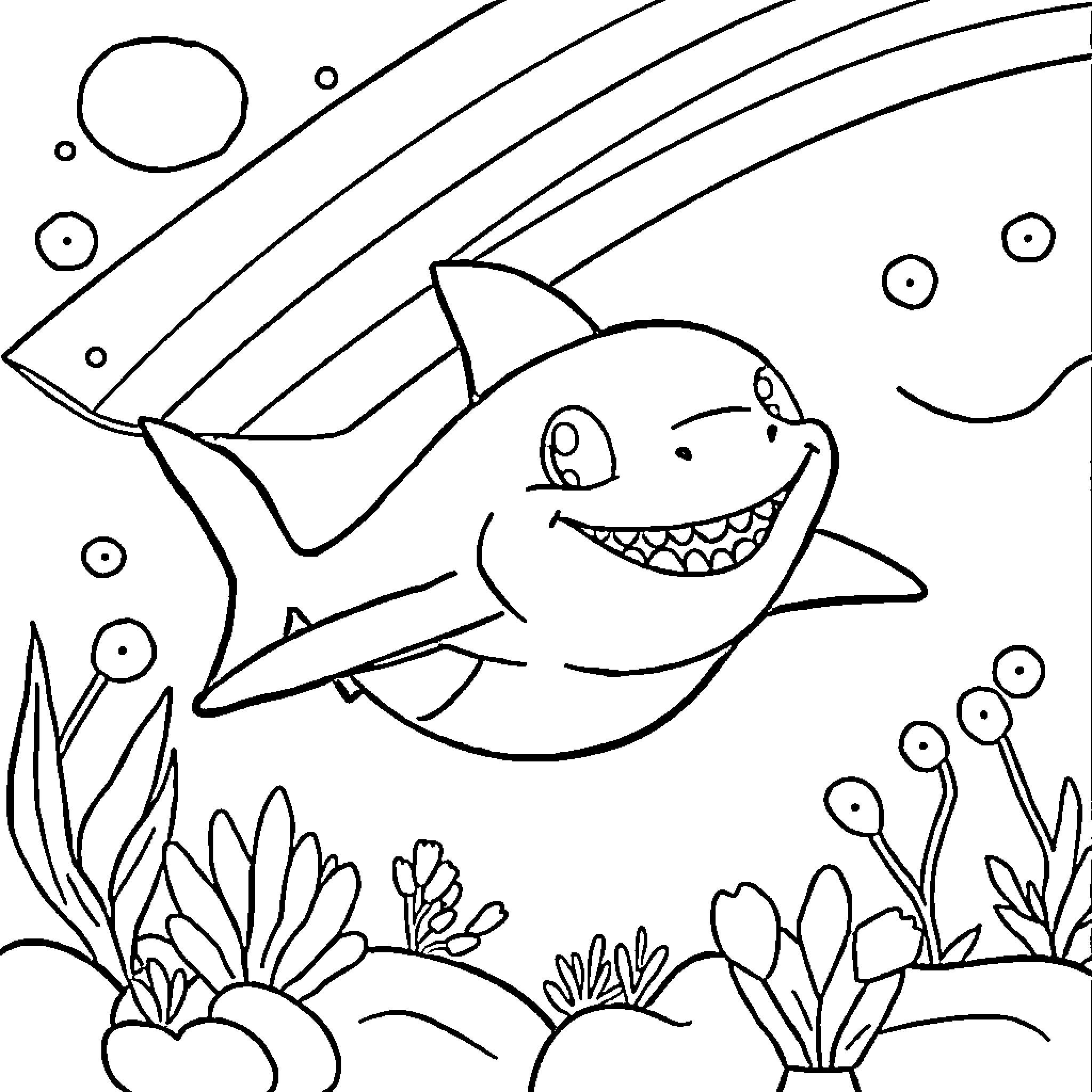 Shark swimming joyfully in the ocean Coloring Page (free black-and-white line drawing printable PDF for all, from beginners to advanced learners, including children, teens, adults, and seniors)