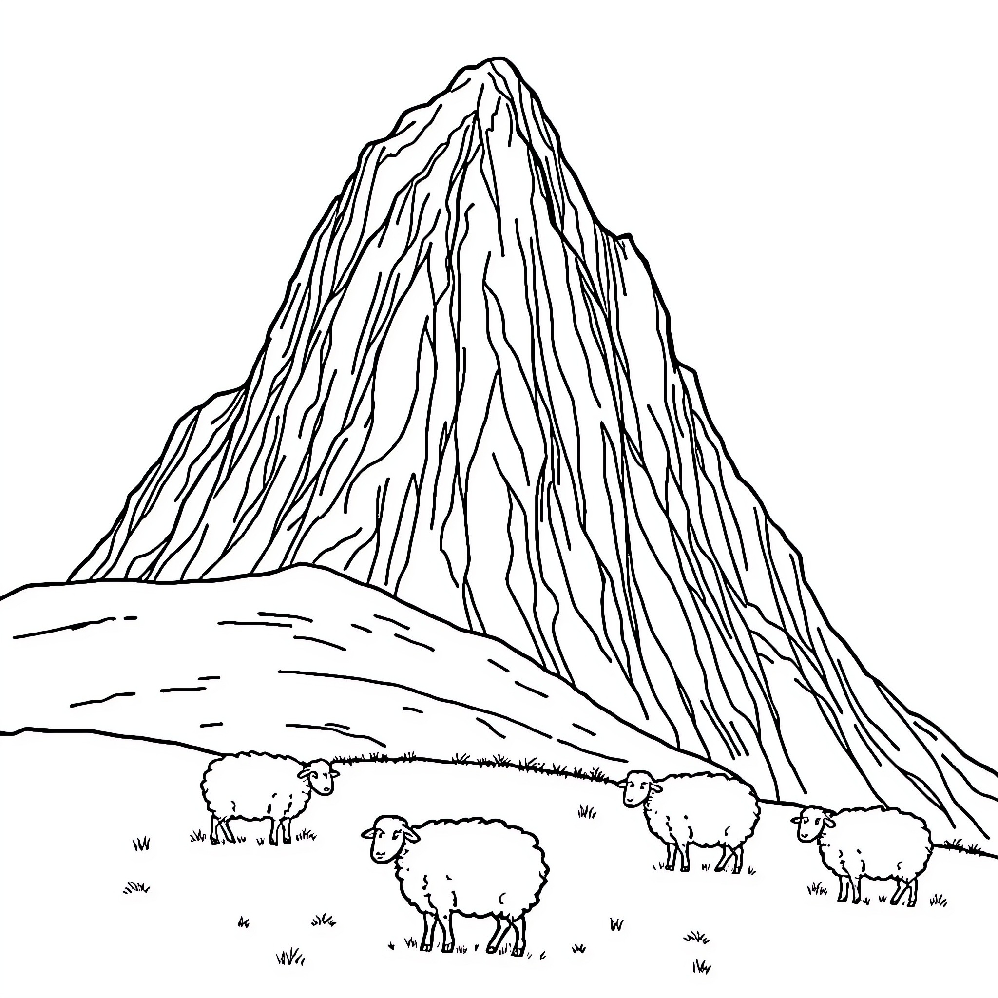 Mountain Landscape with Grazing Sheep Coloring Page (free black-and-white line drawing printable PDF for all, from beginners to advanced learners, including children, teens, adults, and seniors)