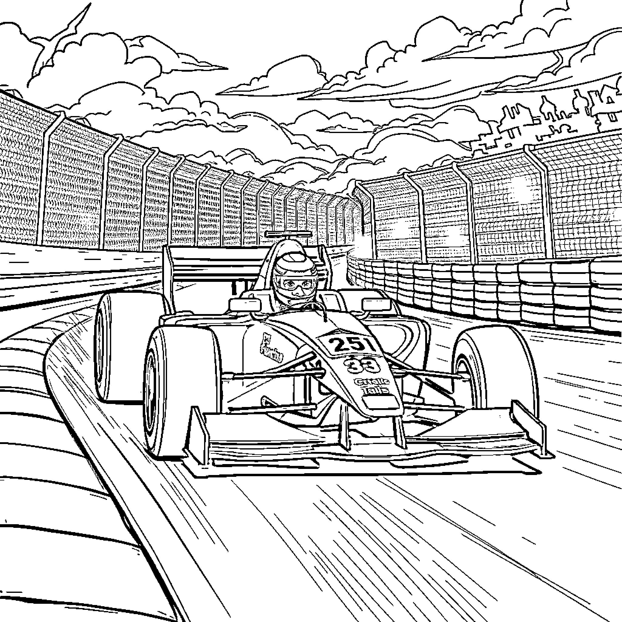 Formula 1 Racing Car on the Track Coloring Page (free black-and-white line drawing printable PDF for all, from beginners to advanced learners, including children, teens, adults, and seniors)