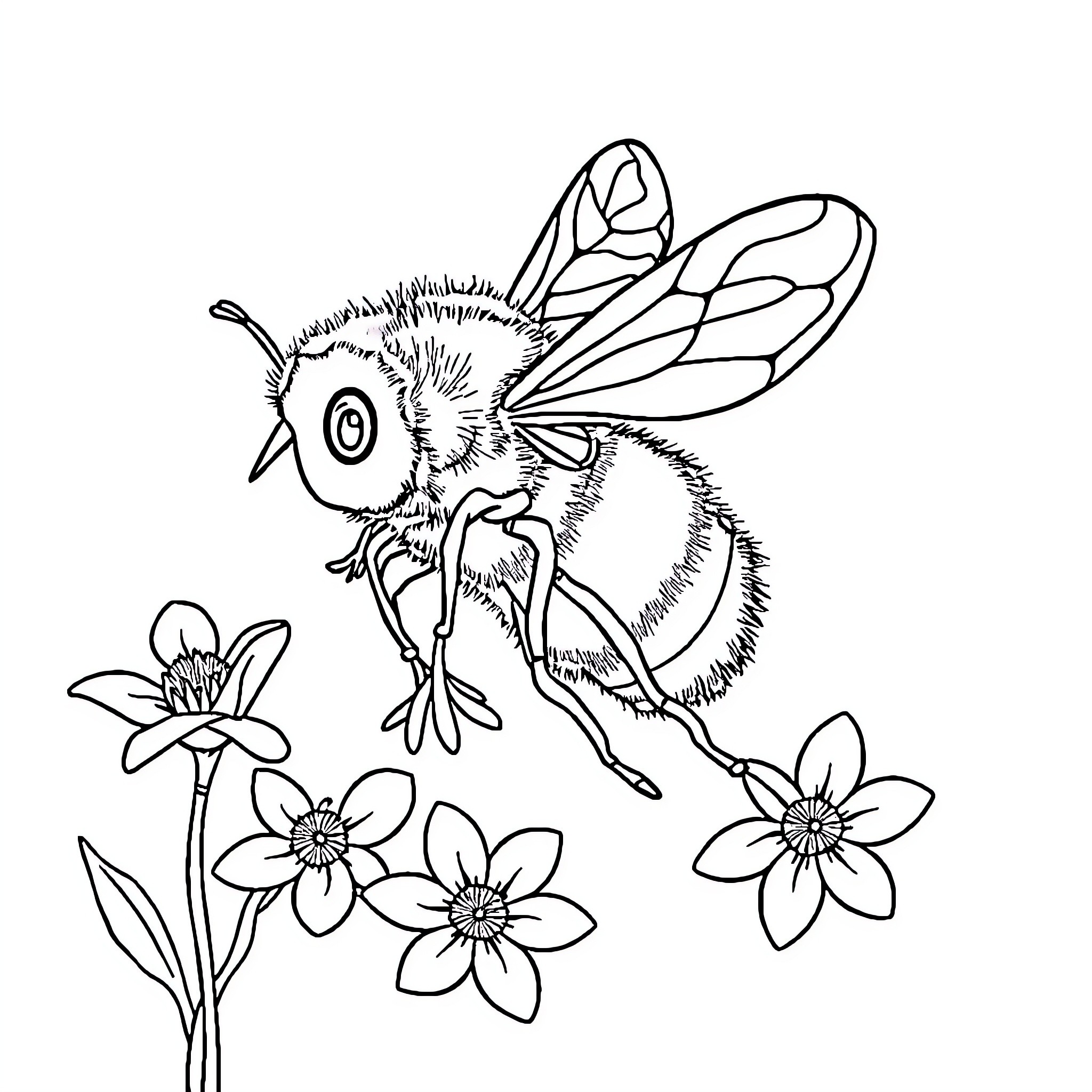 Bee flying amidst blooming flowers Coloring Page (free black-and-white line drawing printable PDF for all, from beginners to advanced learners, including children, teens, adults, and seniors)