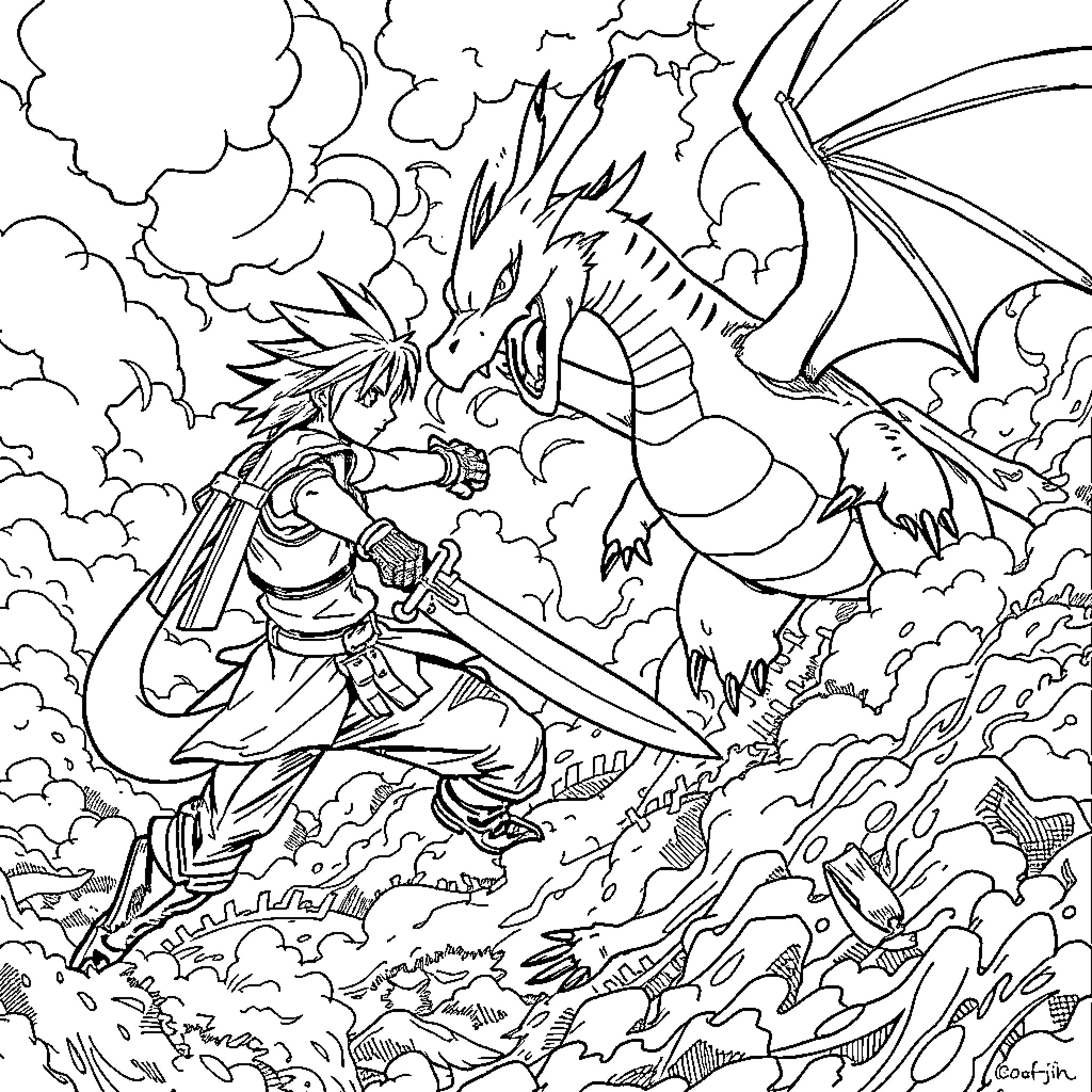 Cloud Dragon Battle with Warrior Coloring Page (free black-and-white line drawing printable PDF for all, from beginners to advanced learners, including children, teens, adults, and seniors)