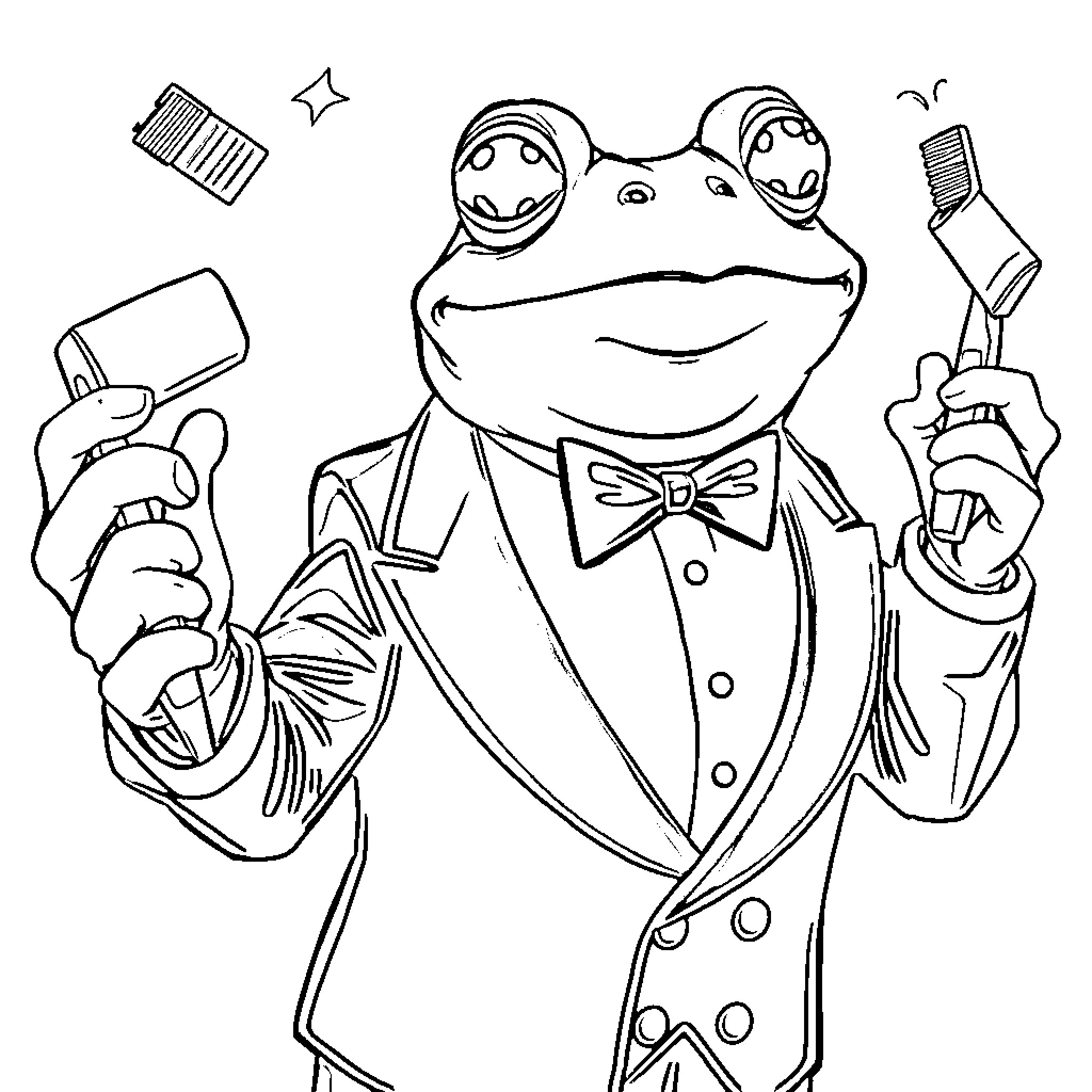 Frog dressed up in a tuxedo holding grooming tools Coloring Page (free black-and-white line drawing printable PDF for all, from beginners to advanced learners, including children, teens, adults, and seniors)