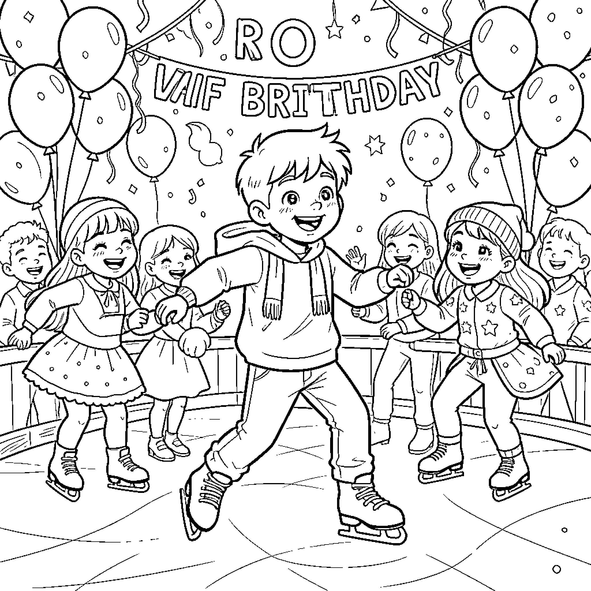 Boy celebrating joyful birthday party with friends Coloring Page (free black-and-white line drawing printable PDF for all, from beginners to advanced learners, including children, teens, adults, and seniors)
