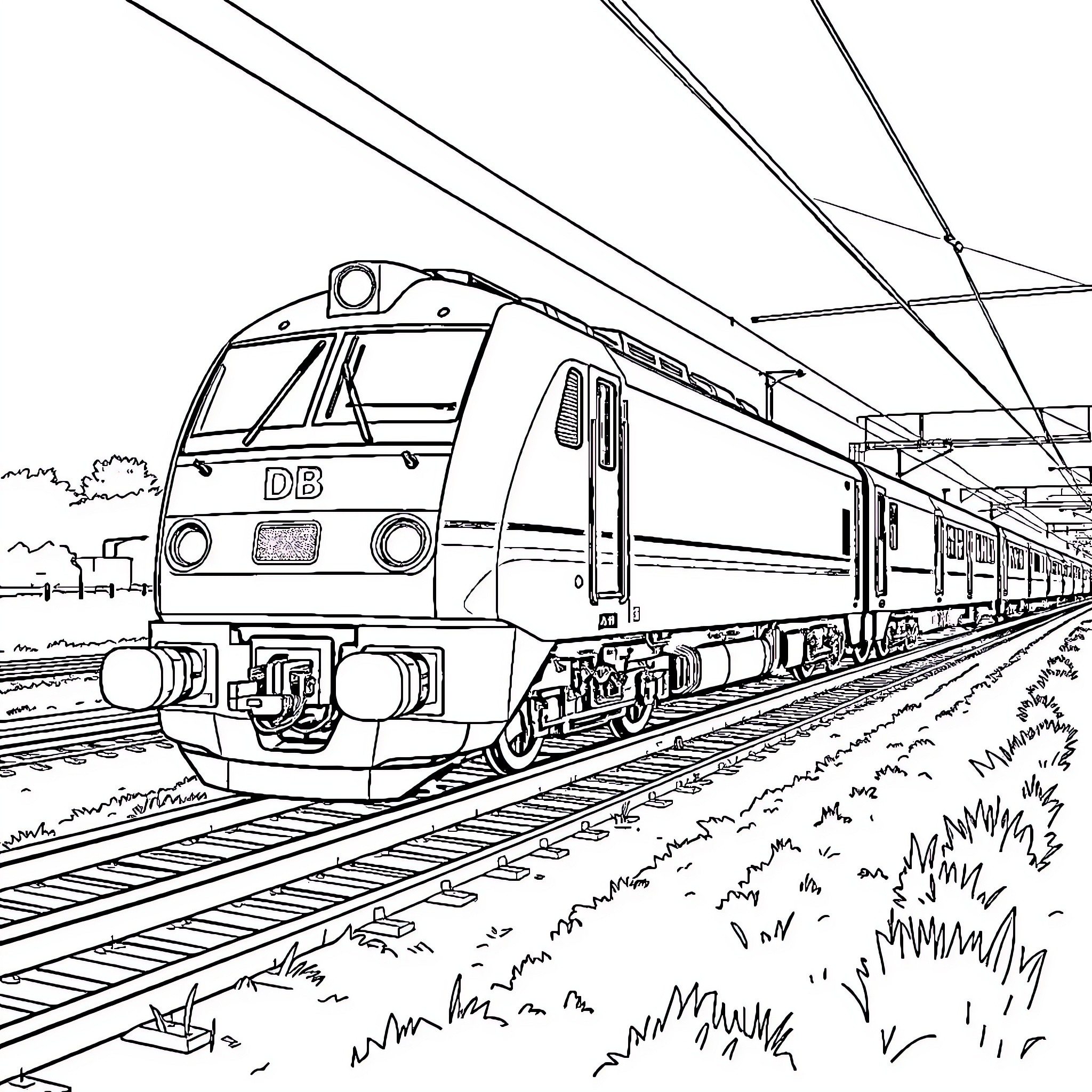 Train Passing Through Countryside Landscape Coloring Page (free black-and-white line drawing printable PDF for all, from beginners to advanced learners, including children, teens, adults, and seniors)