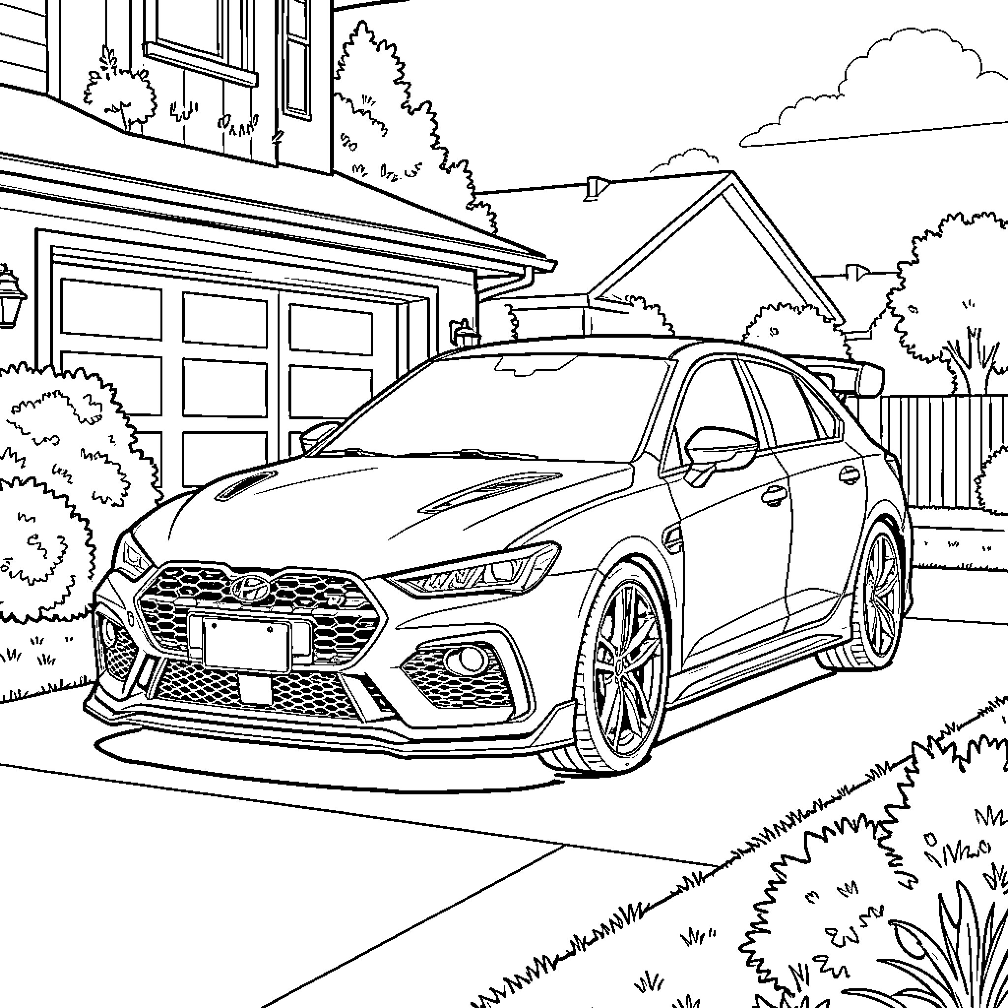 Golf R parked in a residential driveway Coloring Page (free black-and-white line drawing printable PDF for all, from beginners to advanced learners, including children, teens, adults, and seniors)