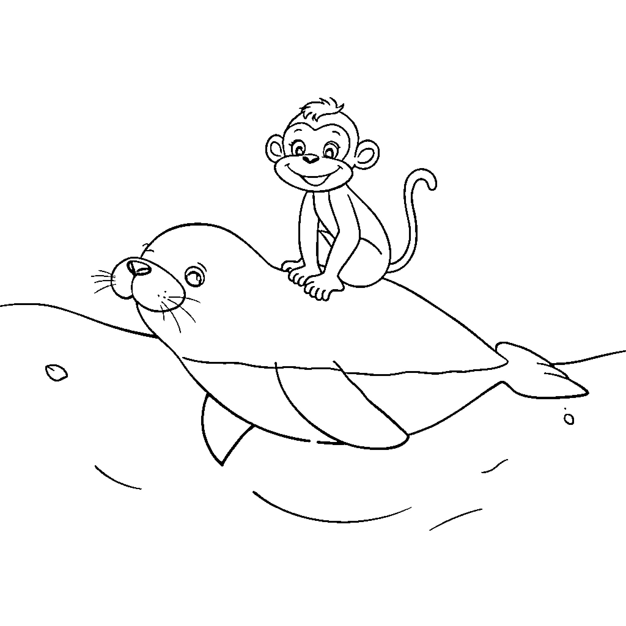 Seal playing with monkey in the ocean Coloring Page (free black-and-white line drawing printable PDF for all, from beginners to advanced learners, including children, teens, adults, and seniors)