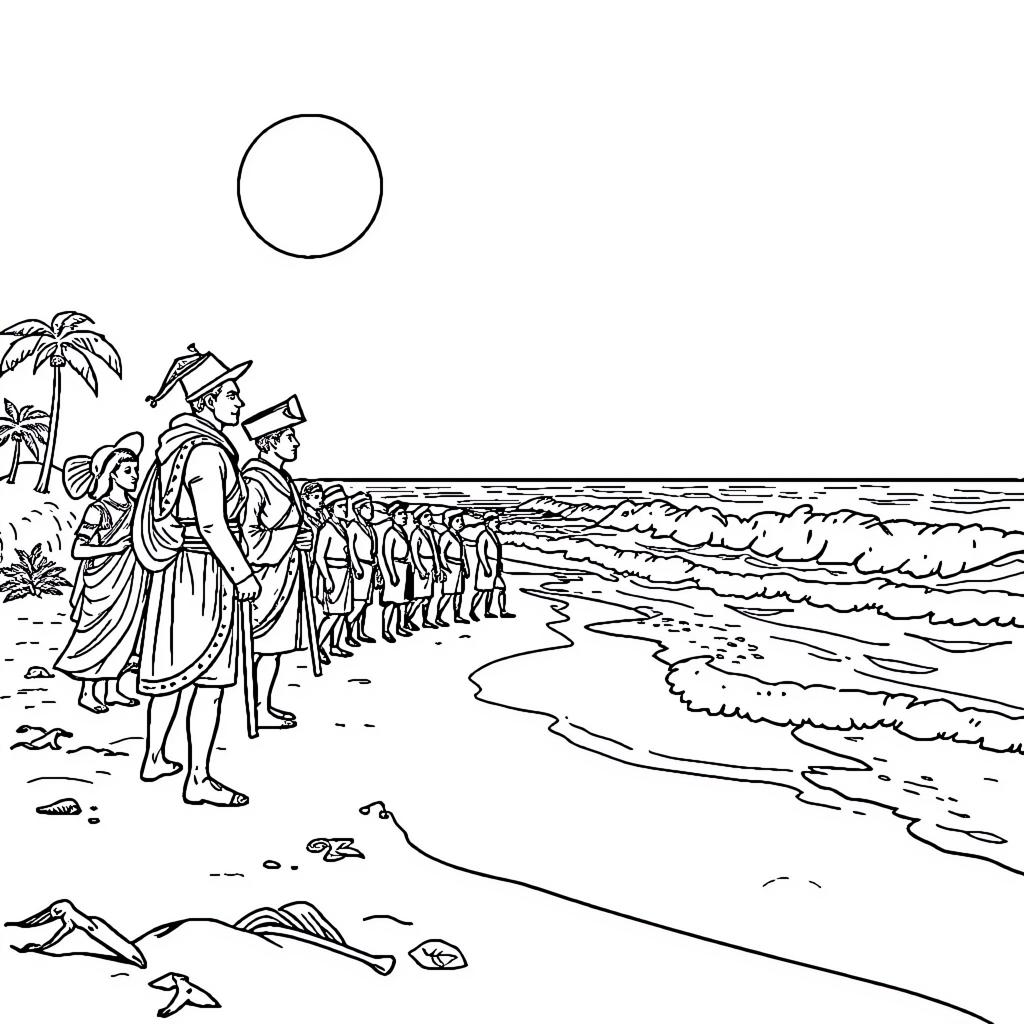 Colonizer commanding troops on the beach Coloring Page (free black-and-white line drawing printable PDF for all, from beginners to advanced learners, including children, teens, adults, and seniors)