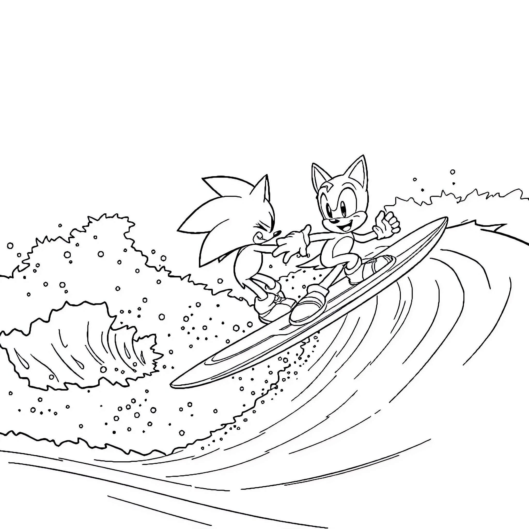 Sonic riding waves on a surfboard Coloring Page (free black-and-white line drawing printable PDF for all, from beginners to advanced learners, including children, teens, adults, and seniors)