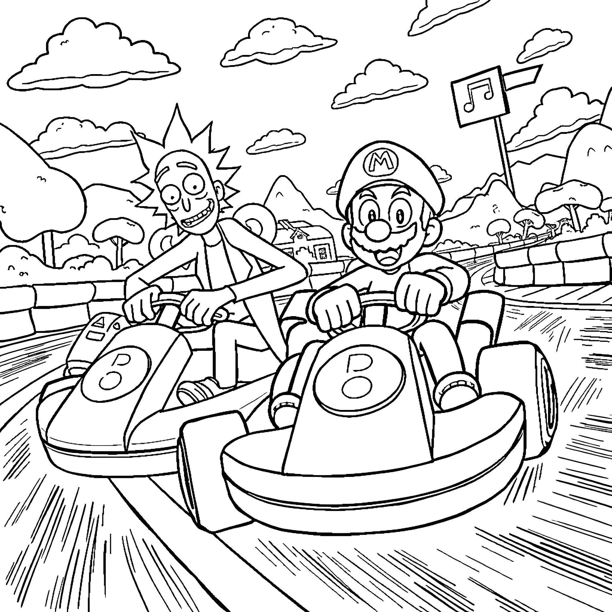Rick And Morty Riding Bumper Cars in Amusement Park Coloring Page (free black-and-white line drawing printable PDF for all, from beginners to advanced learners, including children, teens, adults, and seniors)