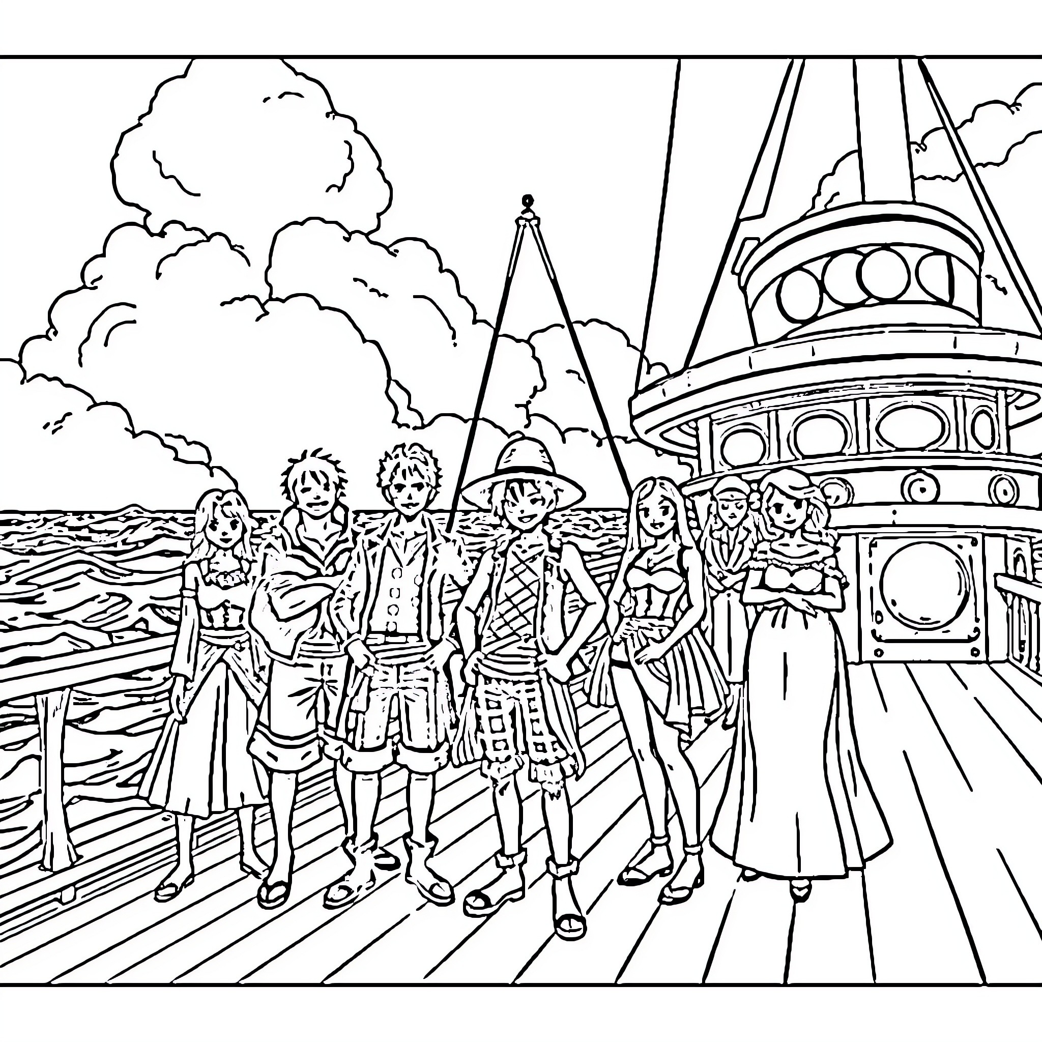 One Piece: Crew's Adventure on the Pirate Ship Coloring Page (free black-and-white line drawing printable PDF for all, from beginners to advanced learners, including children, teens, adults, and seniors)