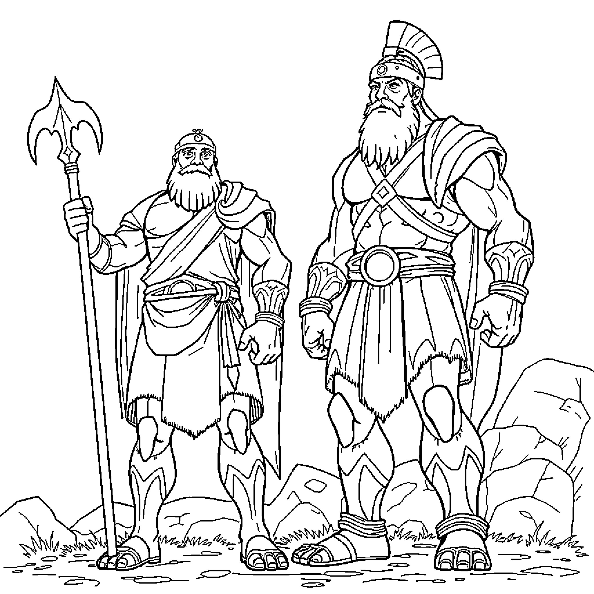 Samon warriors in ancient battle attire Coloring Page (free black-and-white line drawing printable PDF for all, from beginners to advanced learners, including children, teens, adults, and seniors)