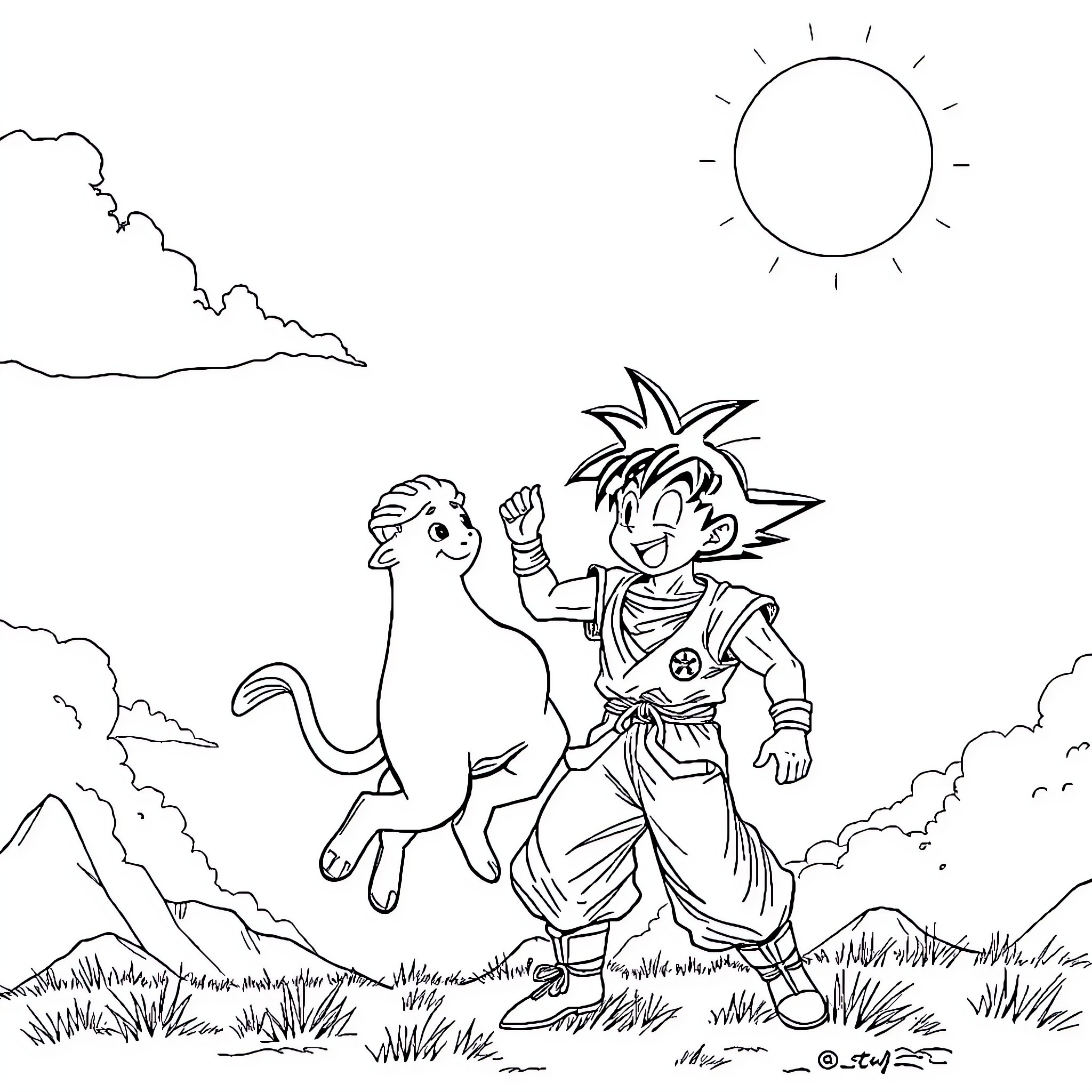Son Goku exploring the wilderness with his companion Coloring Page (free black-and-white line drawing printable PDF for all, from beginners to advanced learners, including children, teens, adults, and seniors)