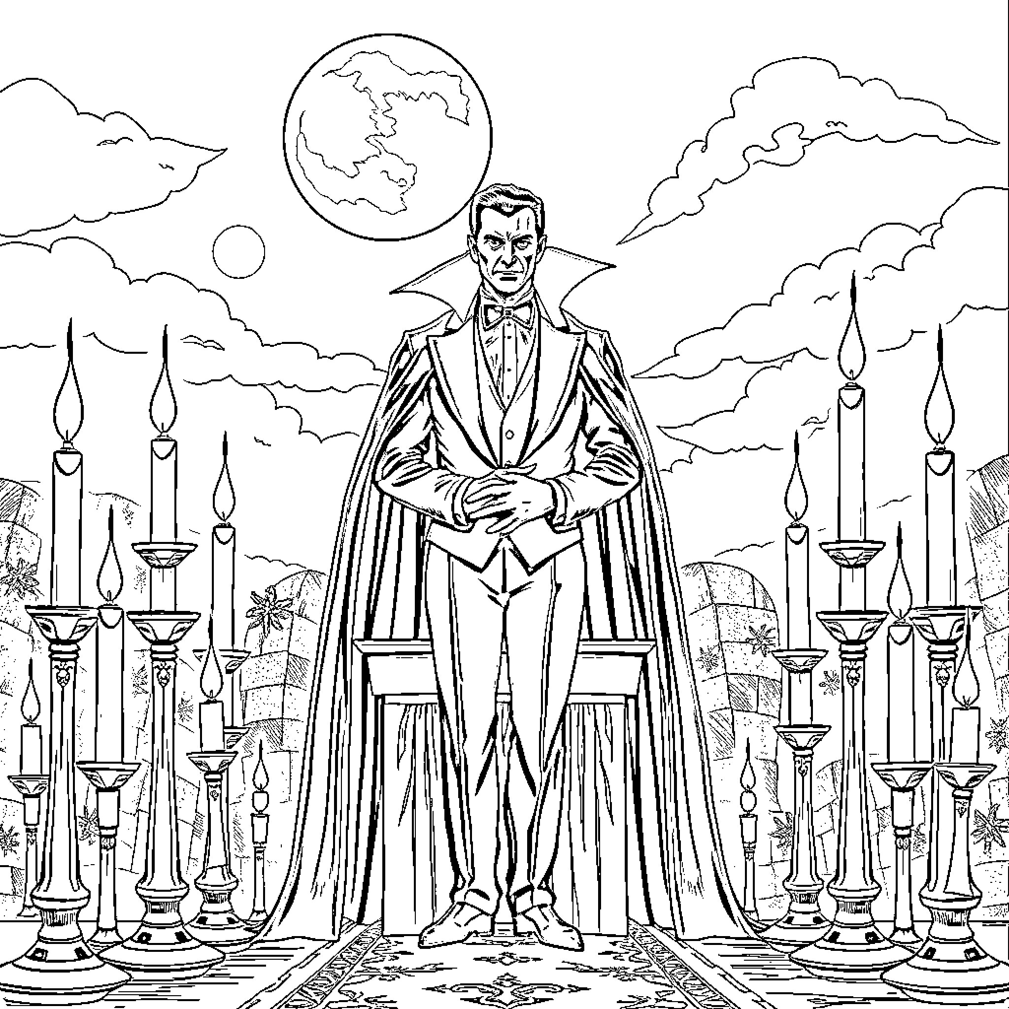 Dracula in his castle surrounded by candles Coloring Page (free black-and-white line drawing printable PDF for all, from beginners to advanced learners, including children, teens, adults, and seniors)