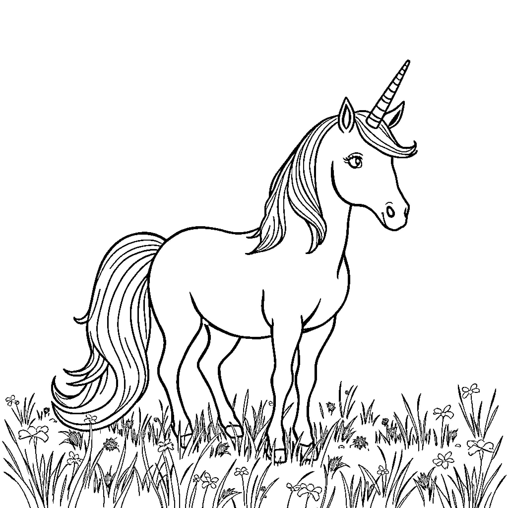 Unicorn standing gracefully in the meadow Coloring Page (free black-and-white line drawing printable PDF for all, from beginners to advanced learners, including children, teens, adults, and seniors)