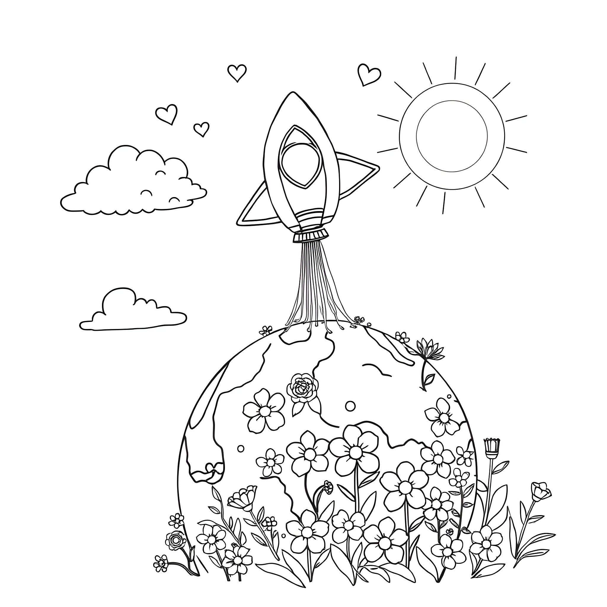 Spaceship launching from a blooming planet Coloring Page (free black-and-white line drawing printable PDF for all, from beginners to advanced learners, including children, teens, adults, and seniors)