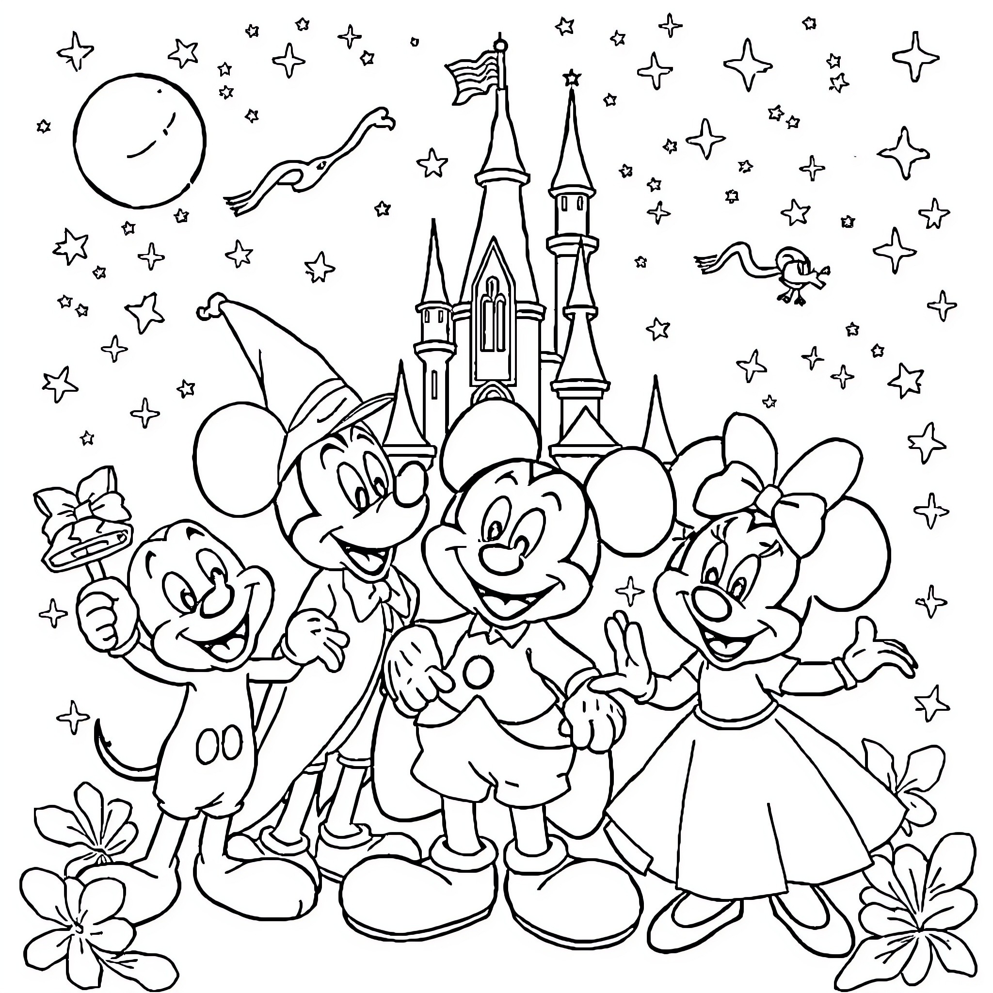 Disney Characters Celebrating at the Castle Coloring Page (free black-and-white line drawing printable PDF for all, from beginners to advanced learners, including children, teens, adults, and seniors)